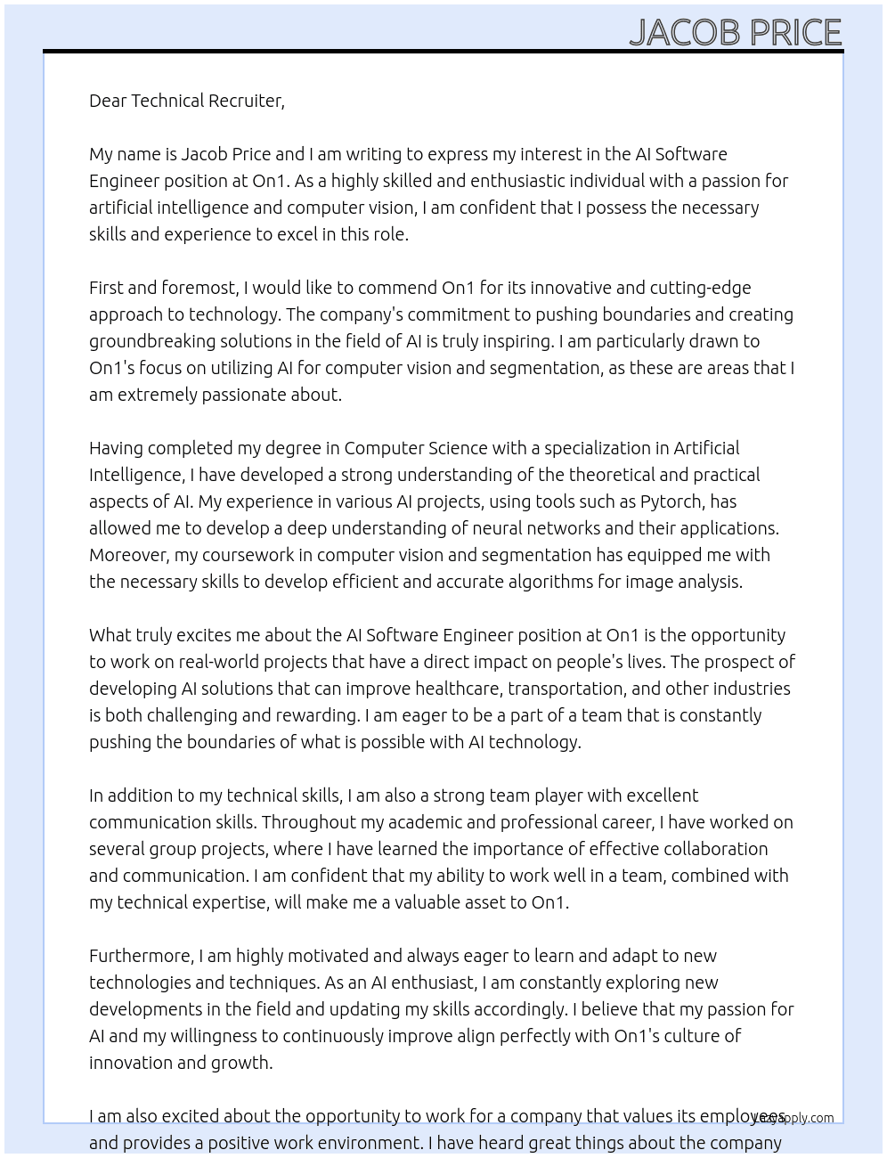 AI software Engineer At On1 Cover Letter
