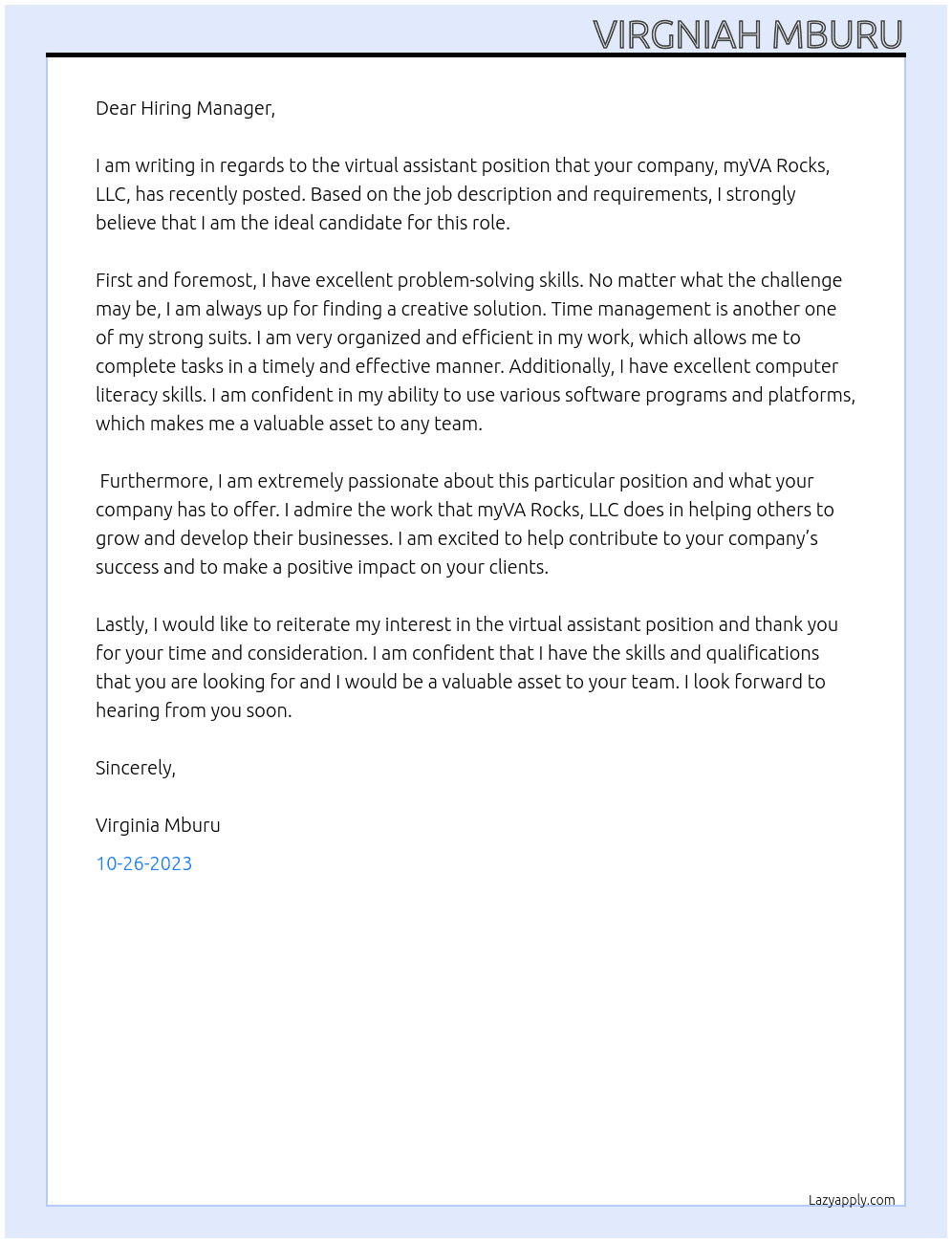 Virtual asistant At myVA Rocks, LLC Cover Letter