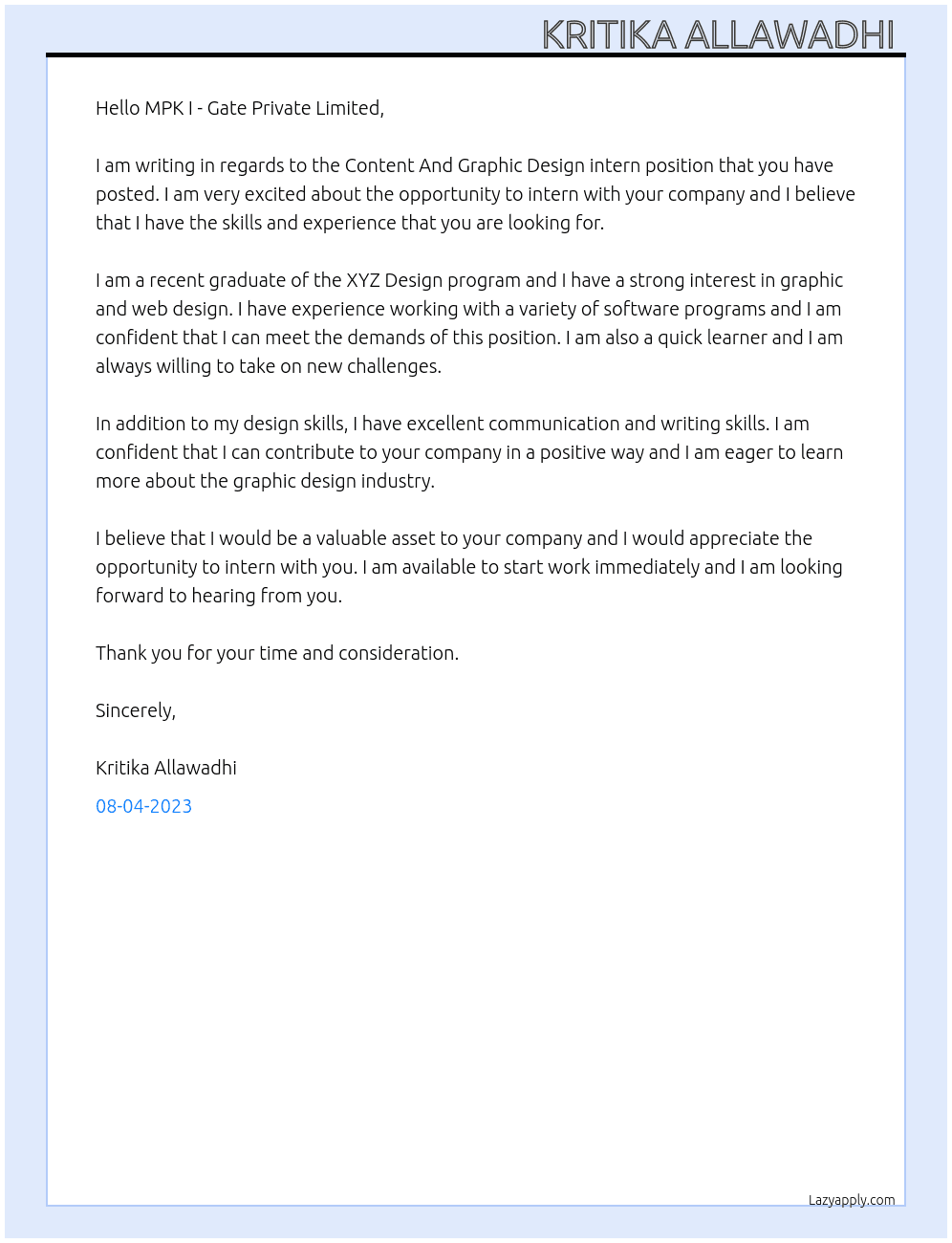 Content And Graphic Design intern At MPK I - Gate Private Limited Cover Letter