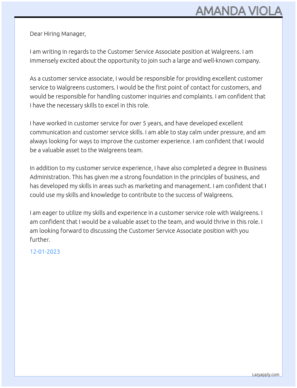 Customer service associate  At Walgreens  Cover Letter