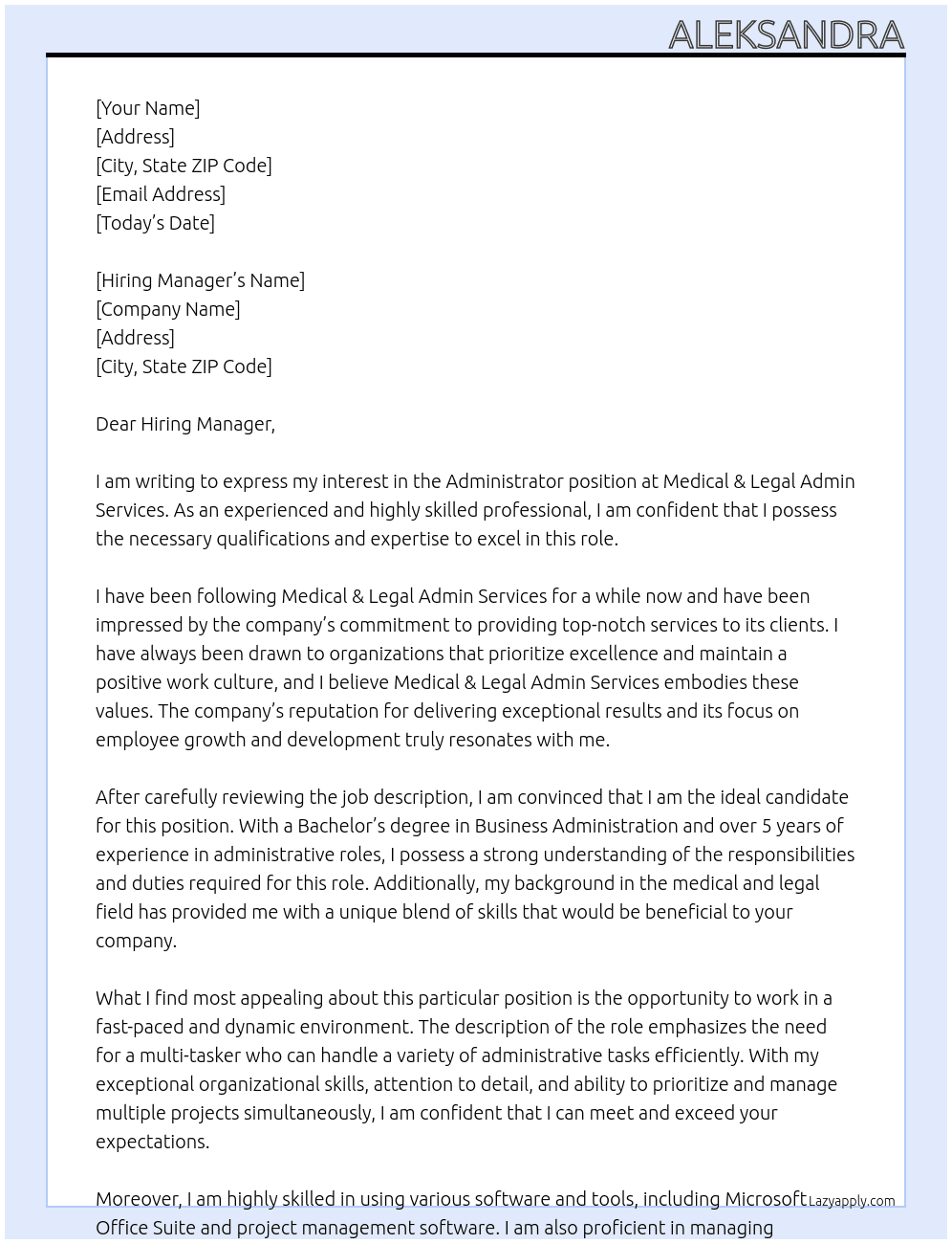 Administrator At Medical & Legal Admin Services Cover Letter