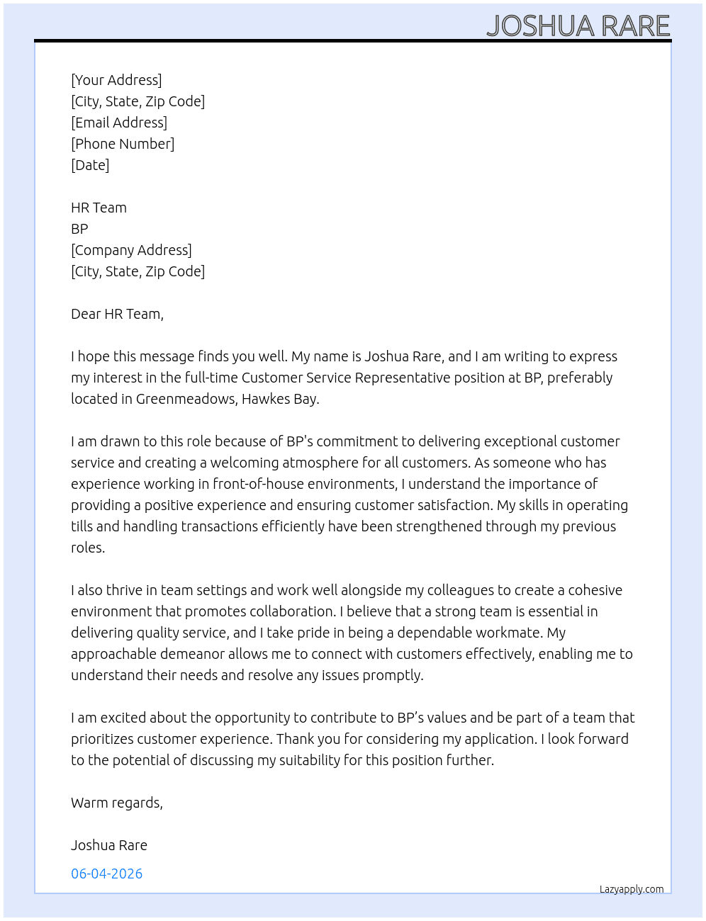 Customer Service Representative  At BP  Cover Letter