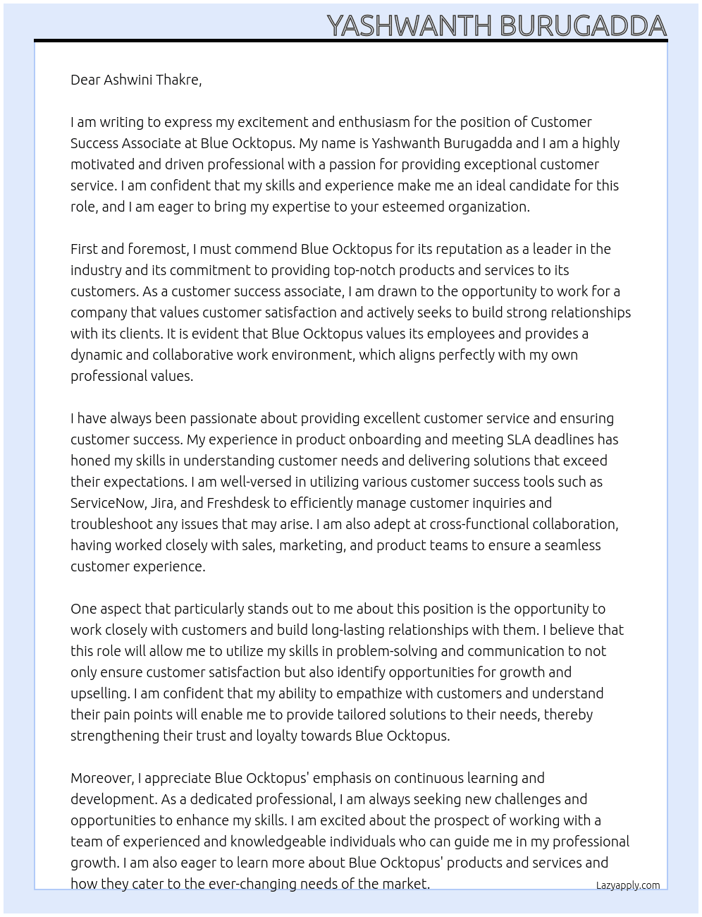 Customer success associate At Blue ocktopus Cover Letter