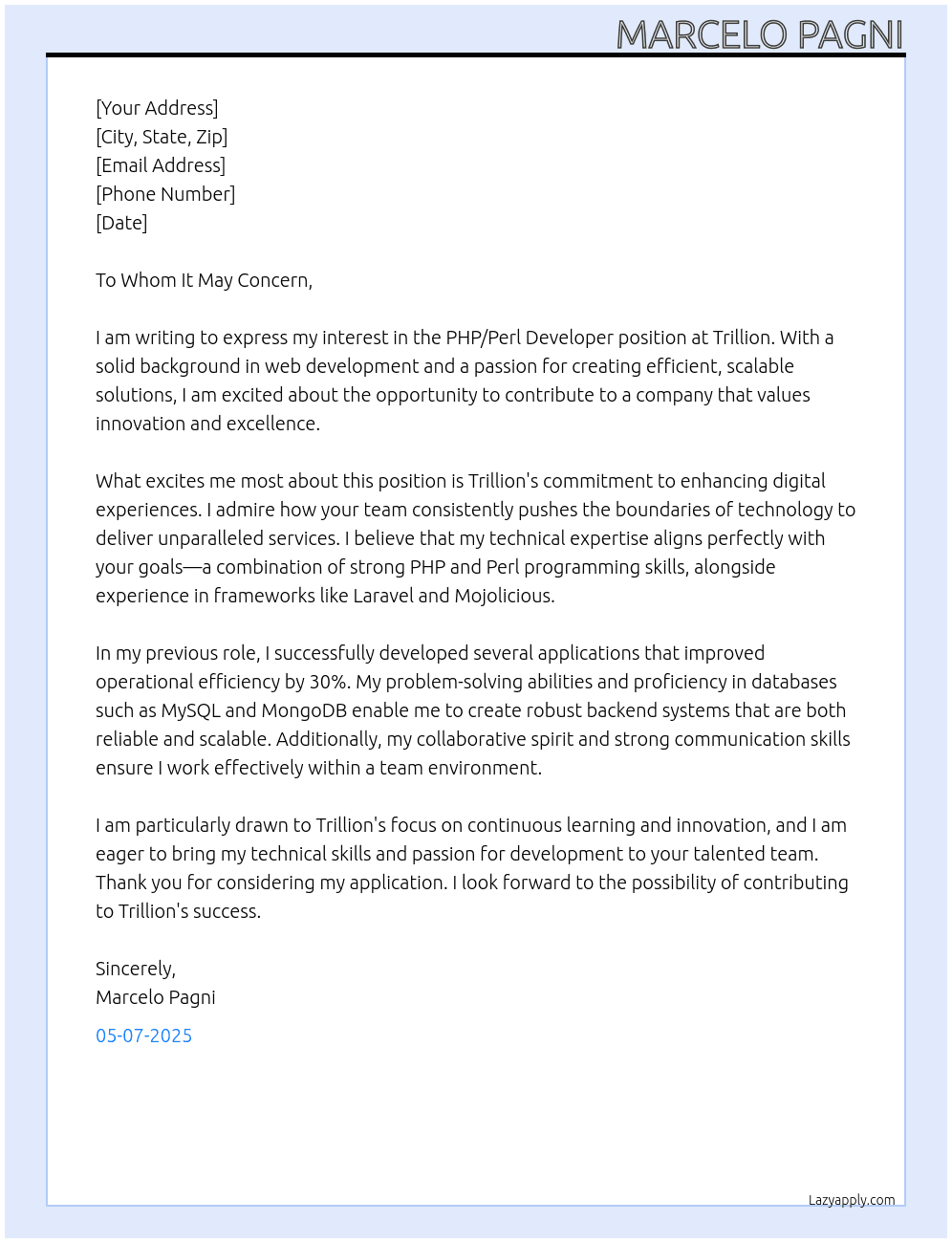 PHP,Perl Developer At Trillion Cover Letter