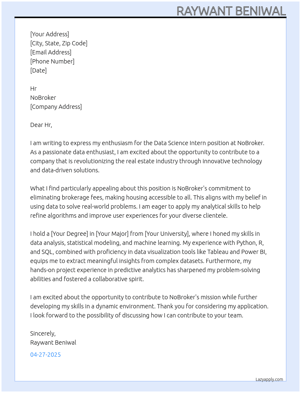 Data Science Intern At NoBroker Cover Letter