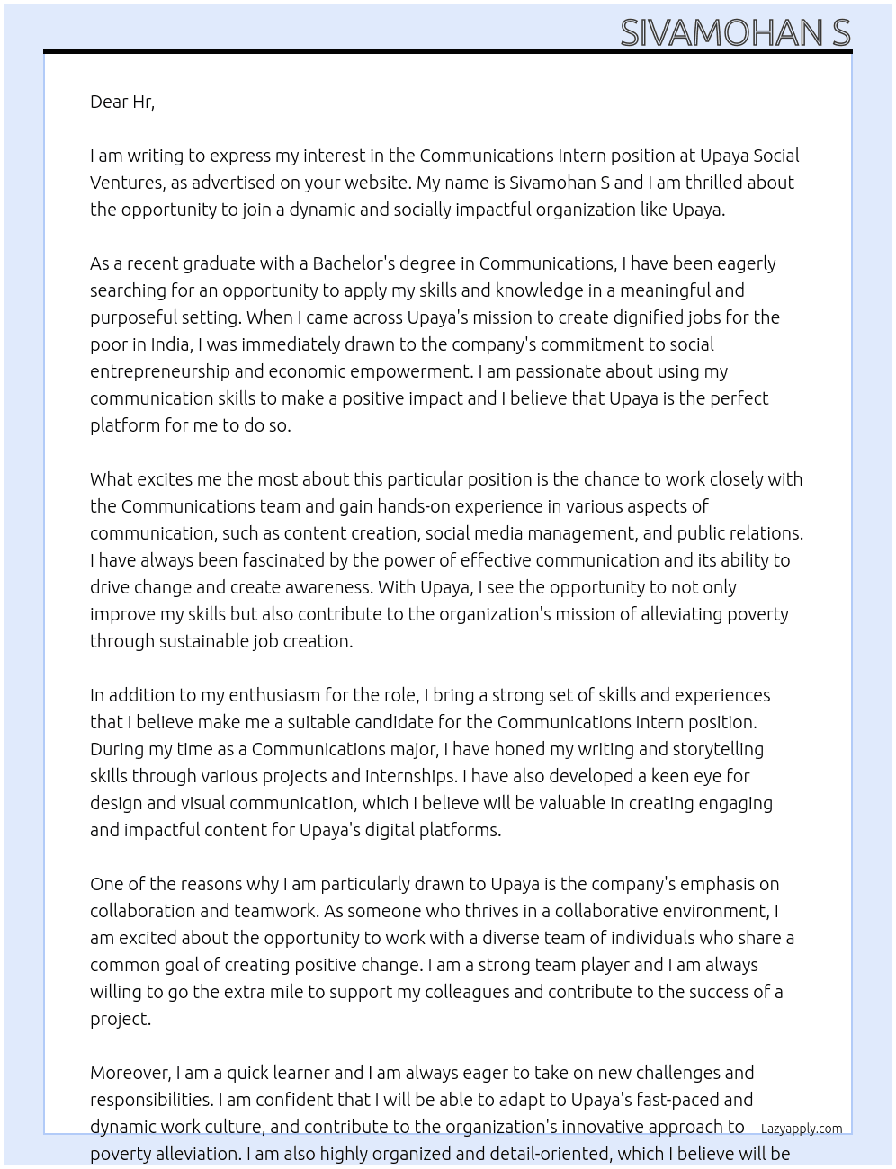 Communications Intern At Upaya Social Ventures Cover Letter