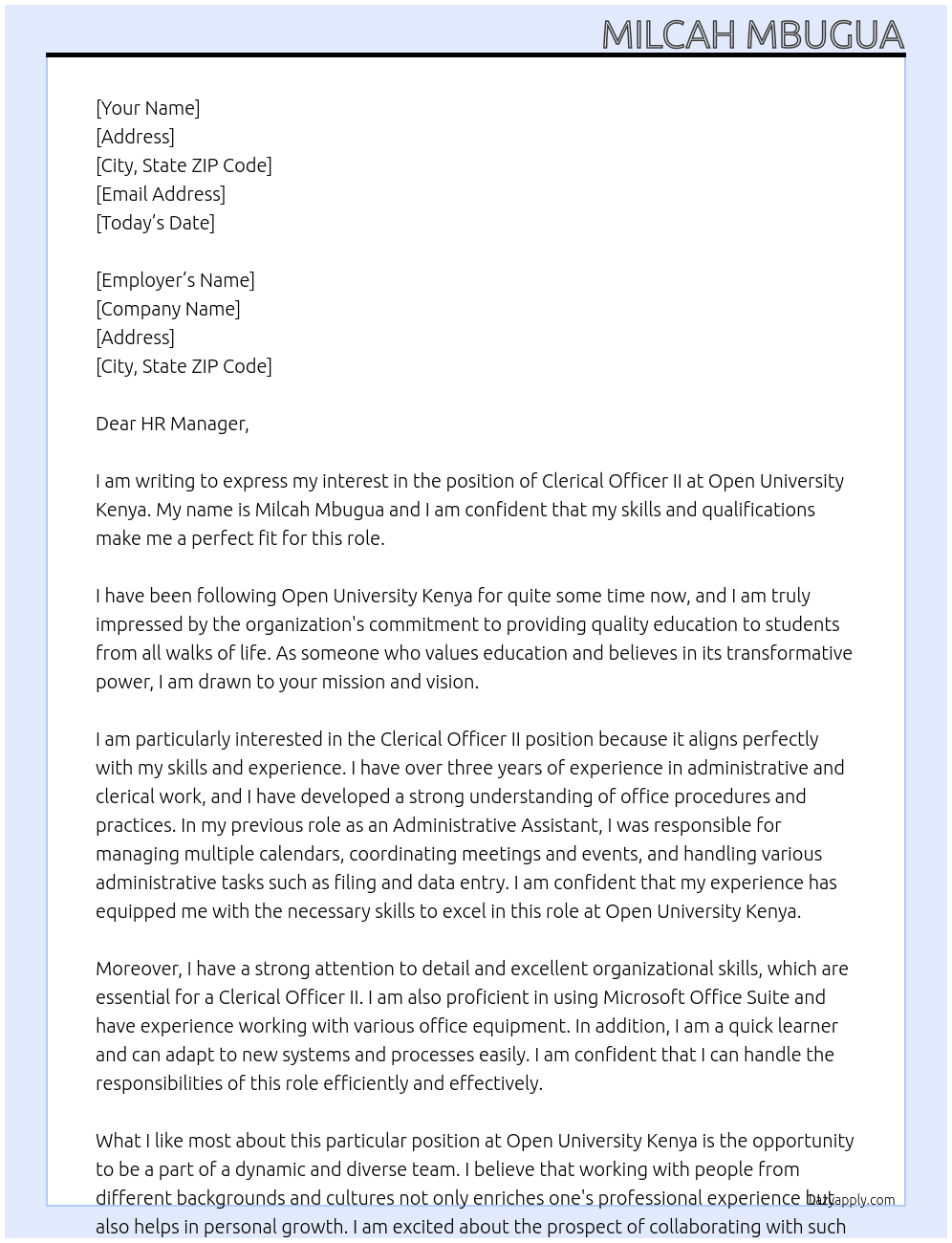 Clerical Officer II At Open University Kenya Cover Letter