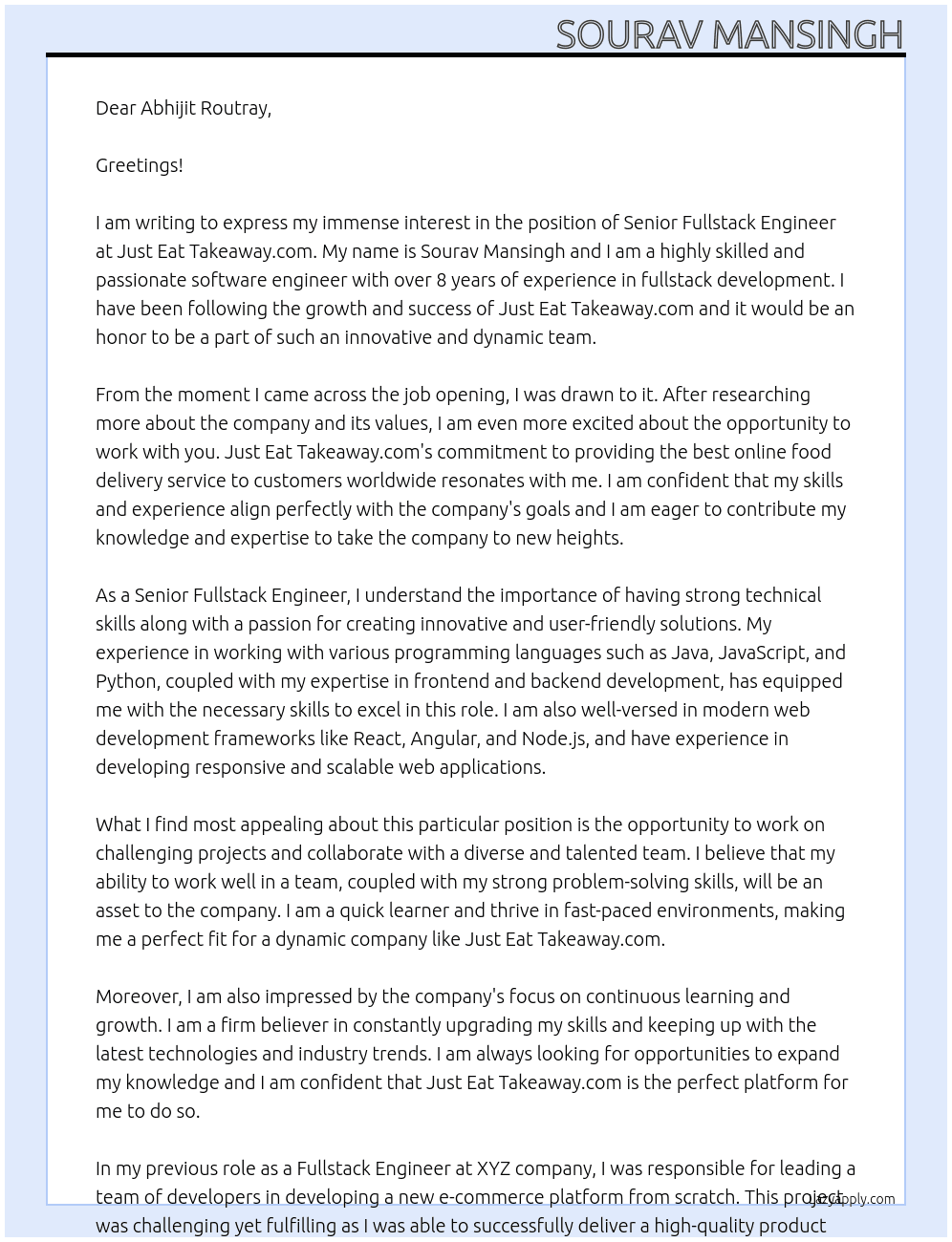 Senior Fullstack Engineer At Just Eat Takeaway.com Cover Letter