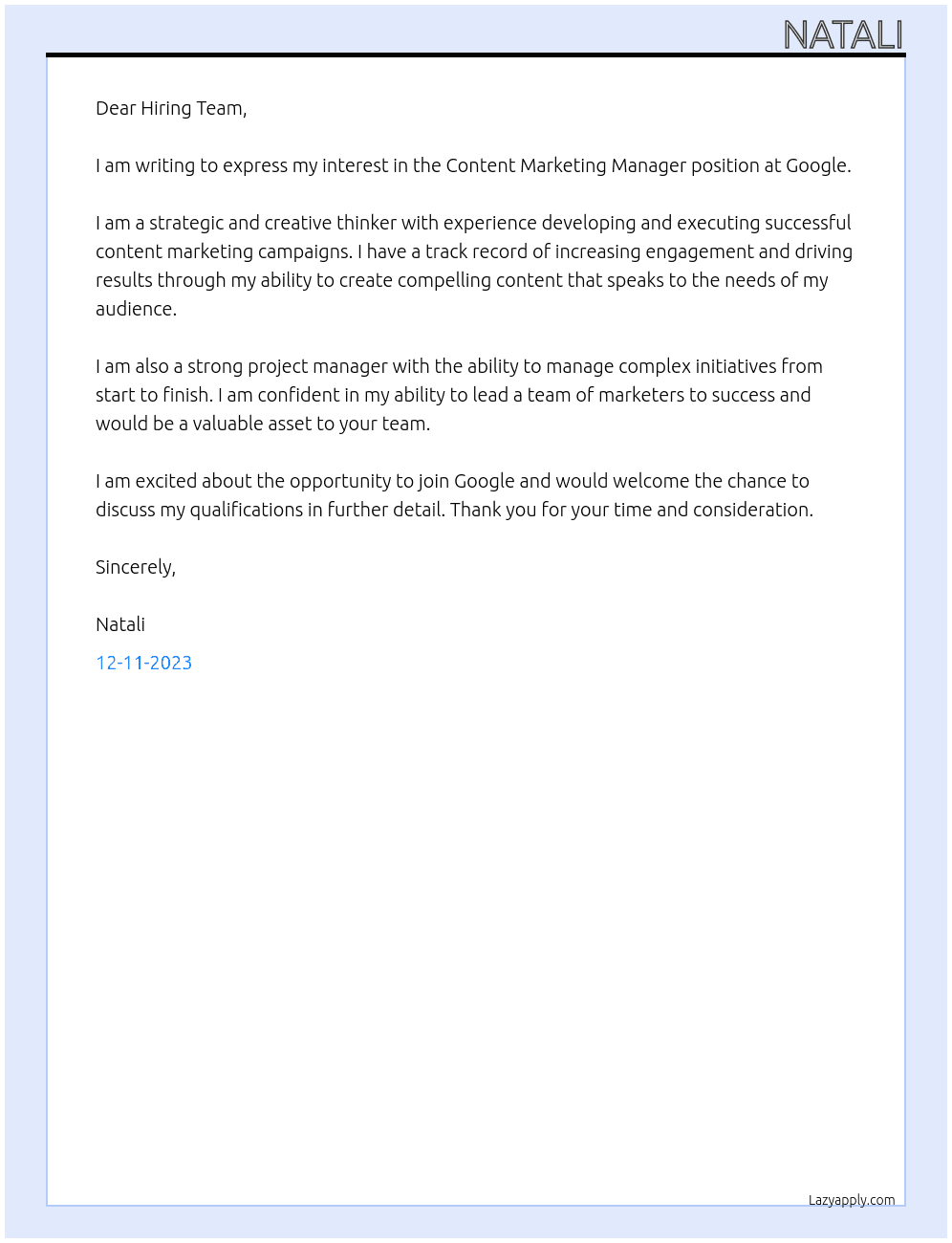 Content Marketing Manager At Google Cover Letter