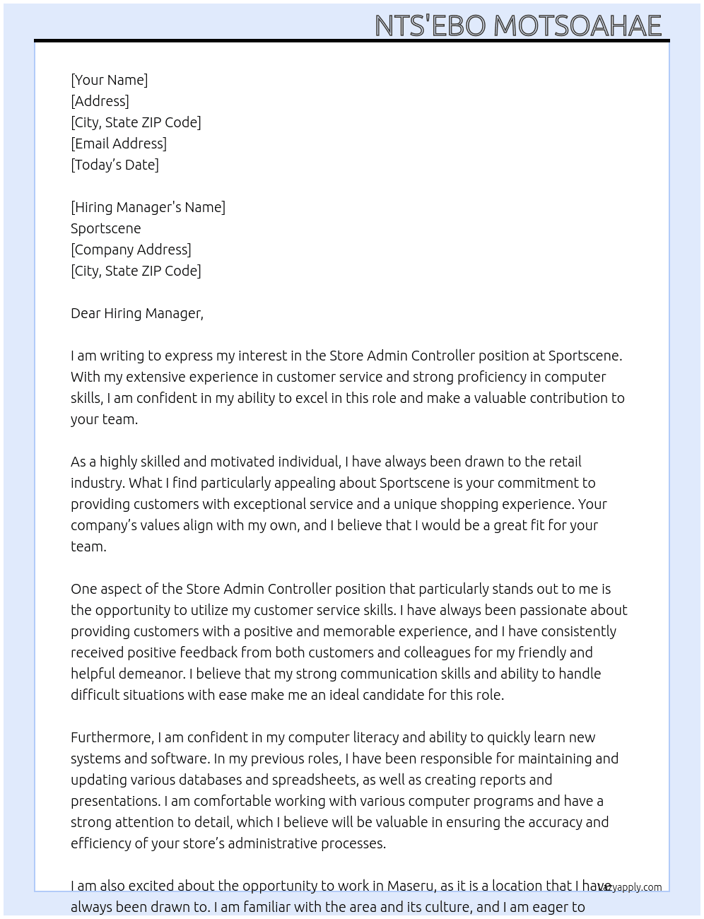 Store Admin Controller  At Sportscene  Cover Letter