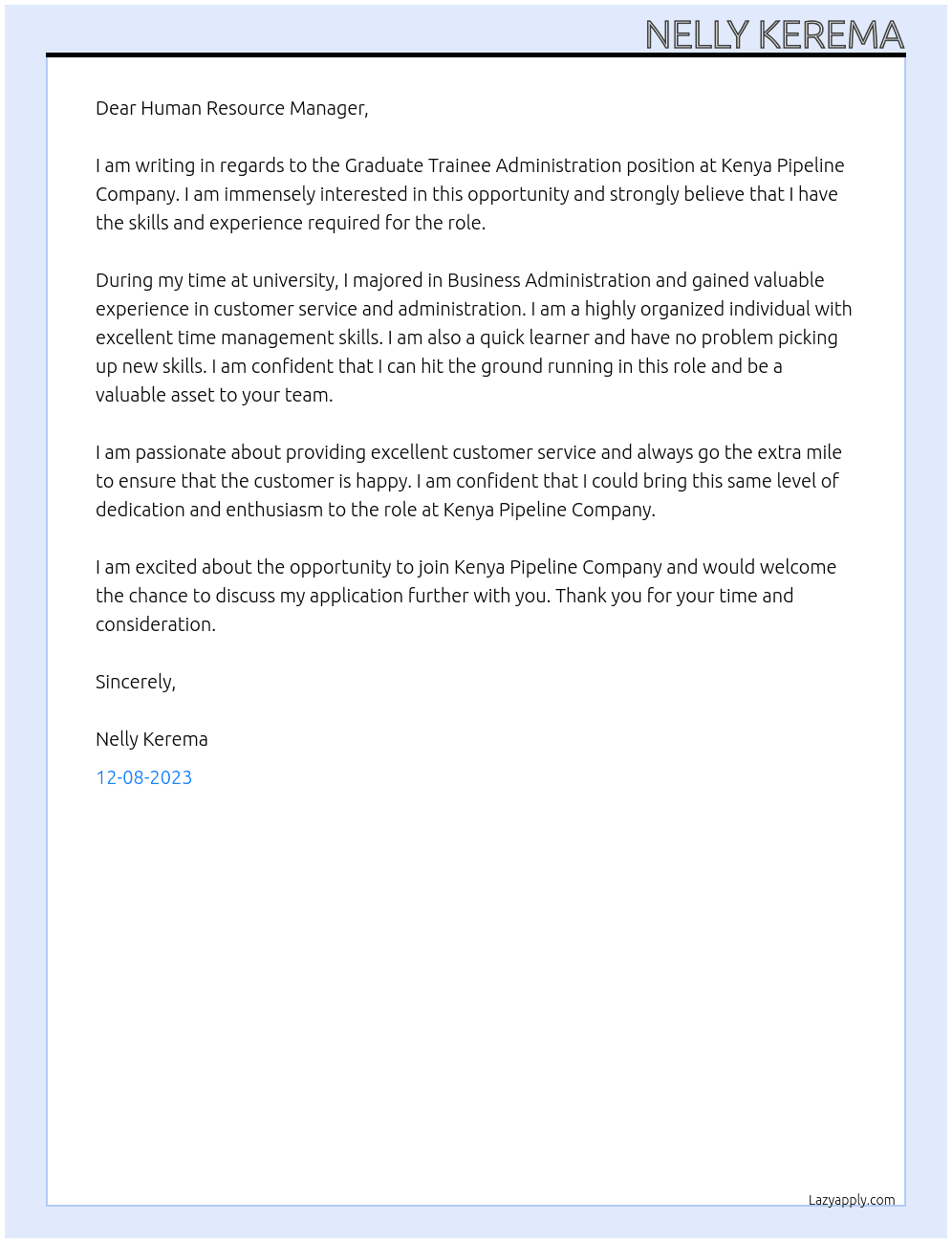 GRADUATE TRAINEE ADMINISTRATION At KENYA PIPELINE COMPANY Cover Letter