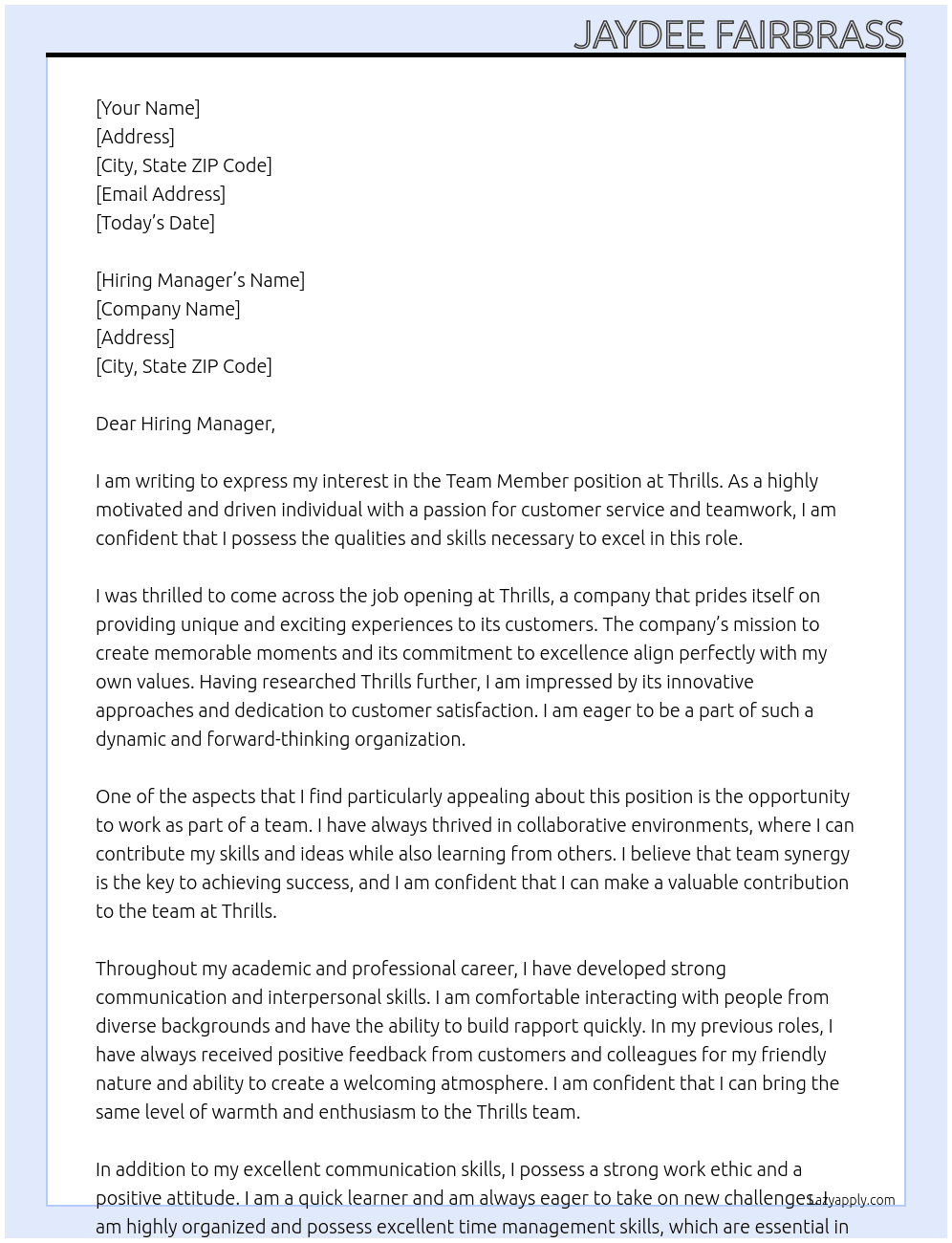 Team member At Thrills Cover Letter