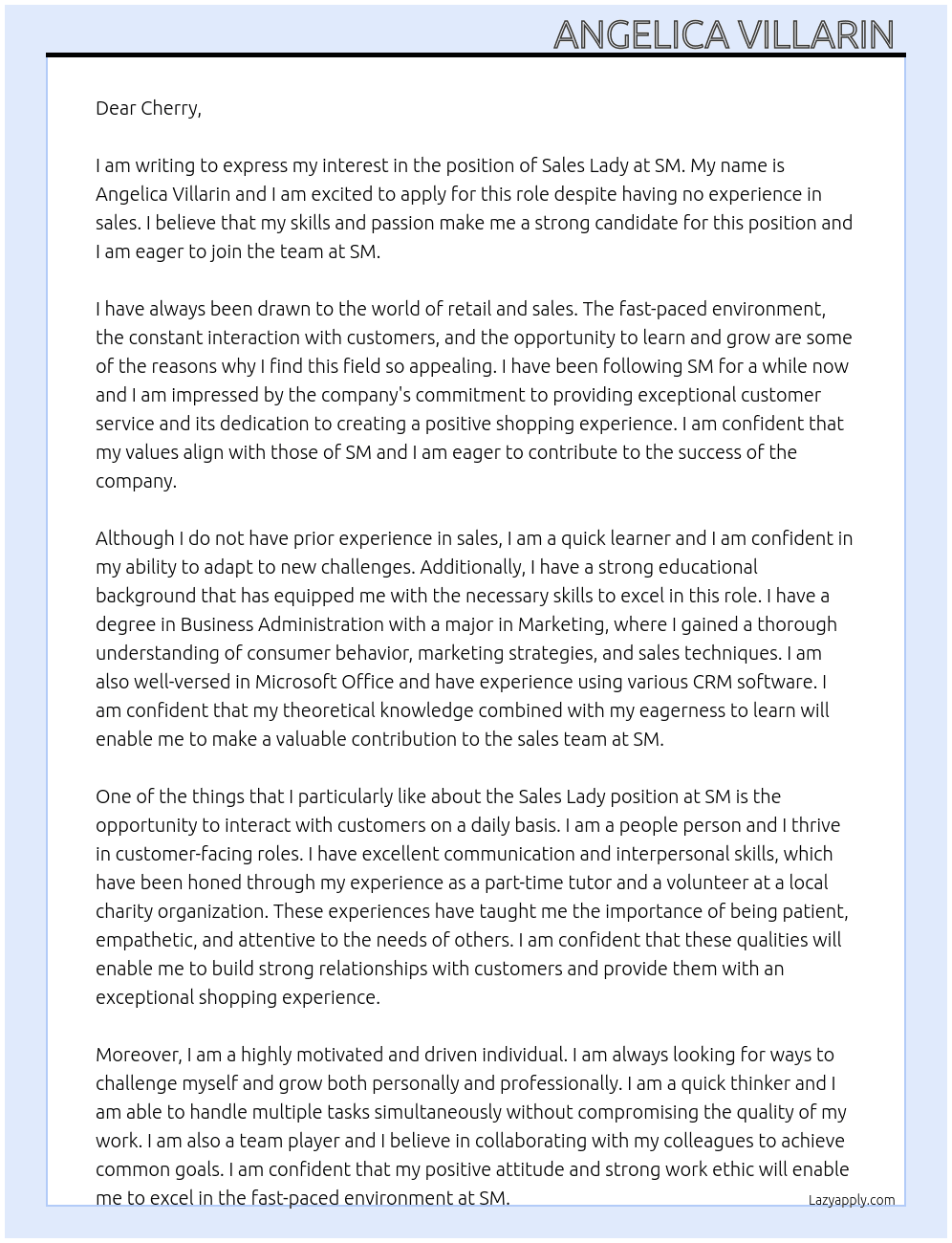 sales lady with no experience  At SM  Cover Letter