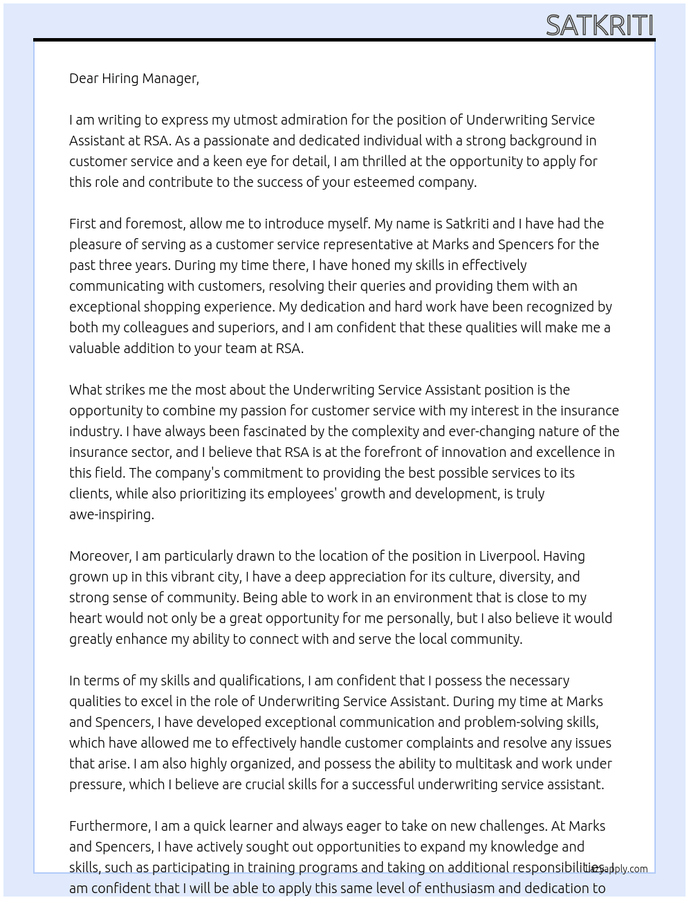 Underwriting service assistant At RSA Cover Letter
