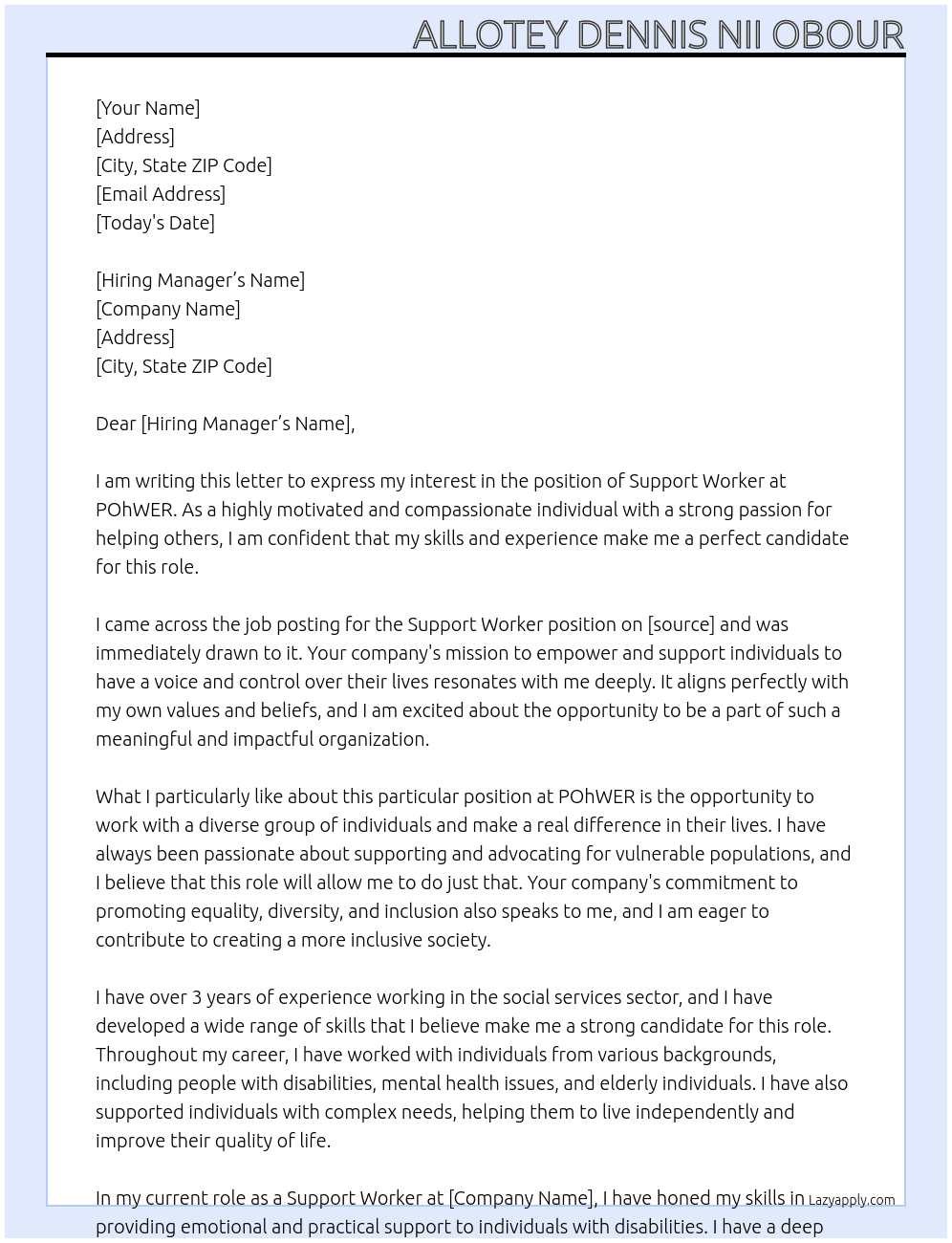 support worker At pohwer Cover Letter