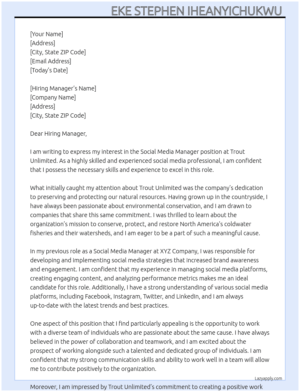 Social Media Manager  At Trout Unlimited Cover Letter