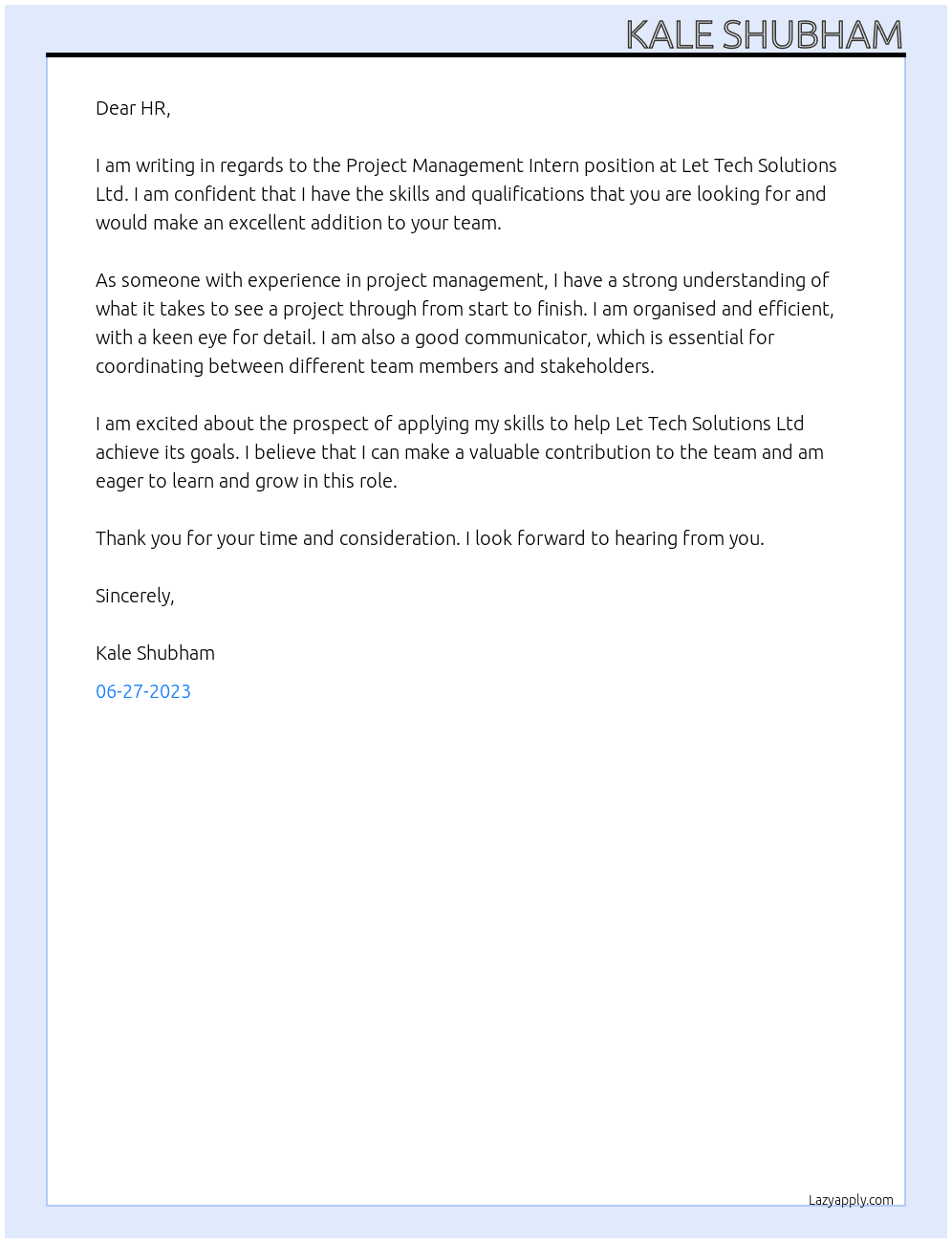 Project management intern At  Let Tech Solutions Ltd Cover Letter