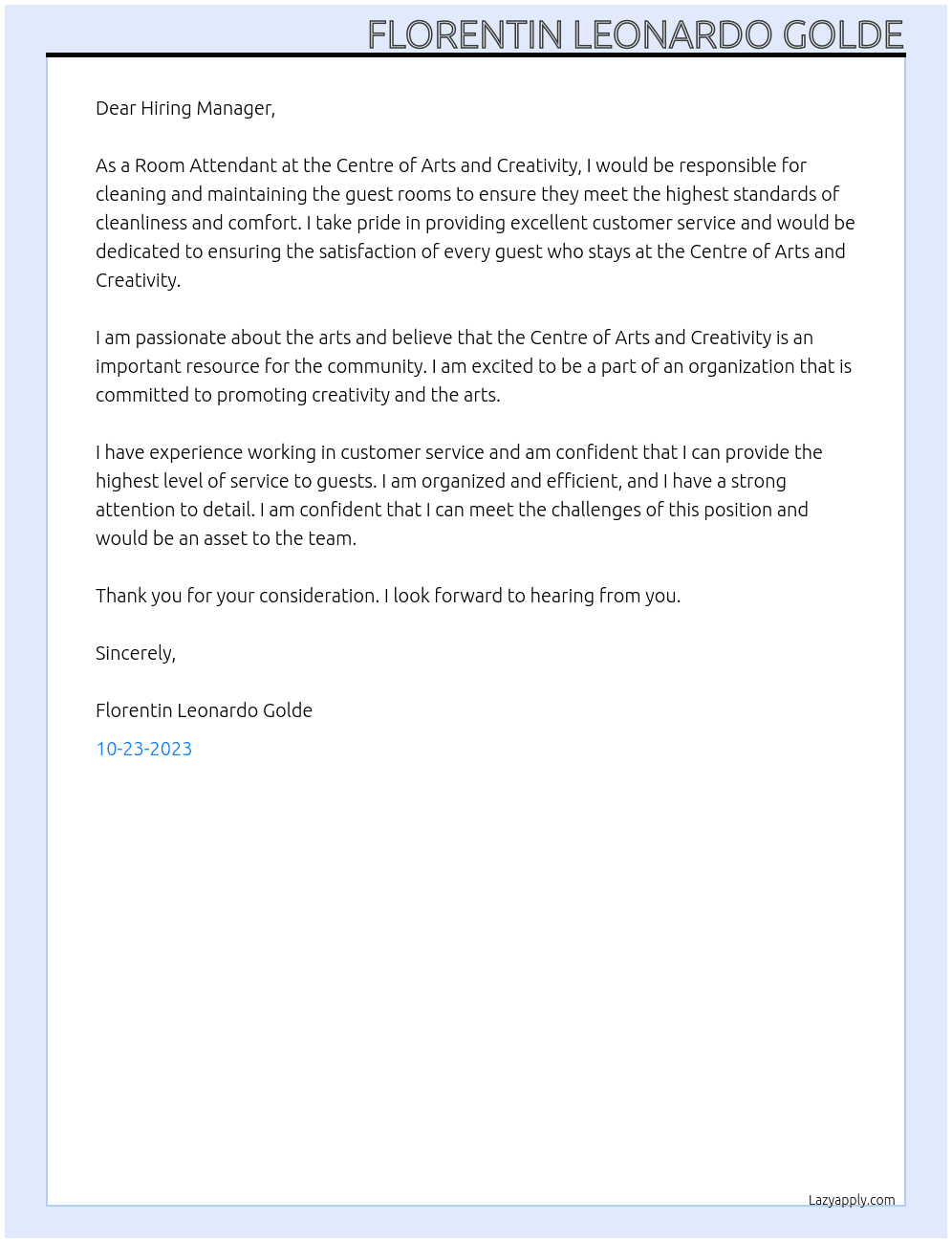 Room attendant At Centre of Arts and Creativity Cover Letter