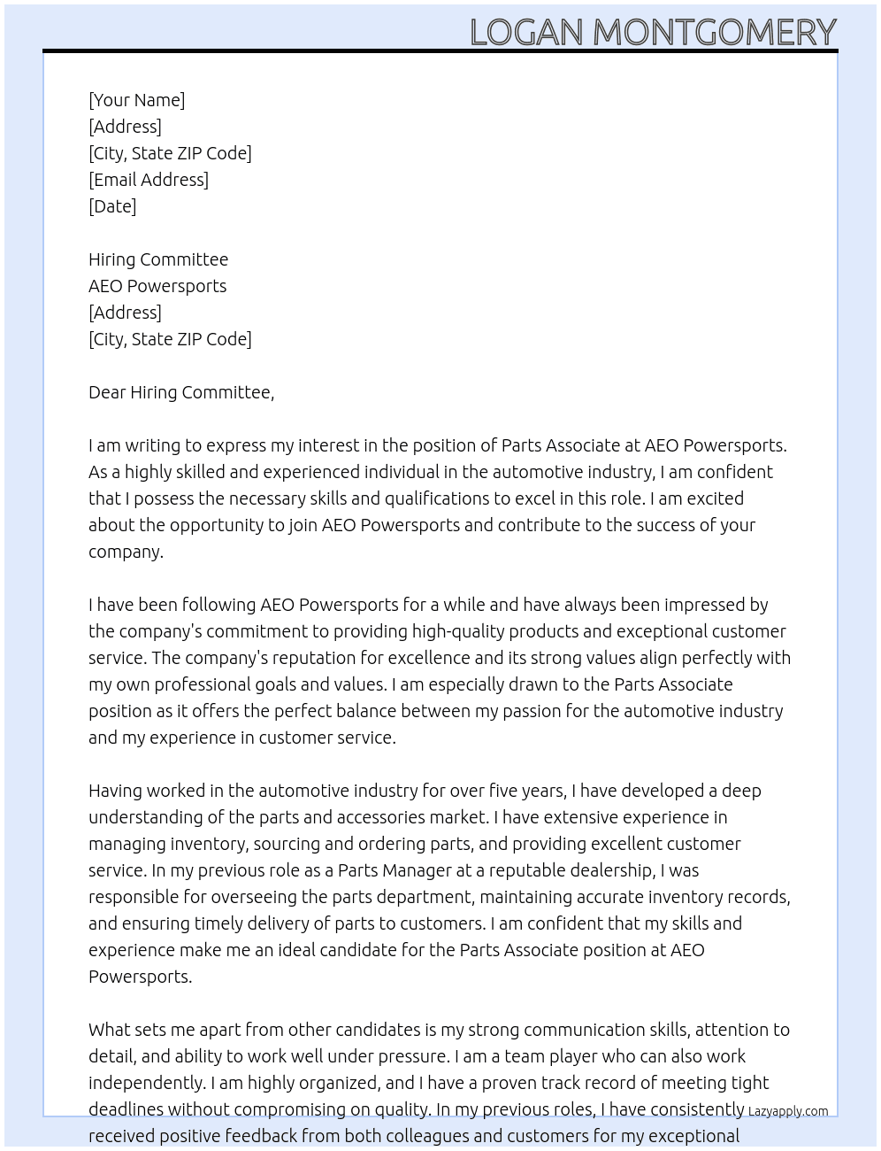 Parts associate At AEO Powersports Cover Letter