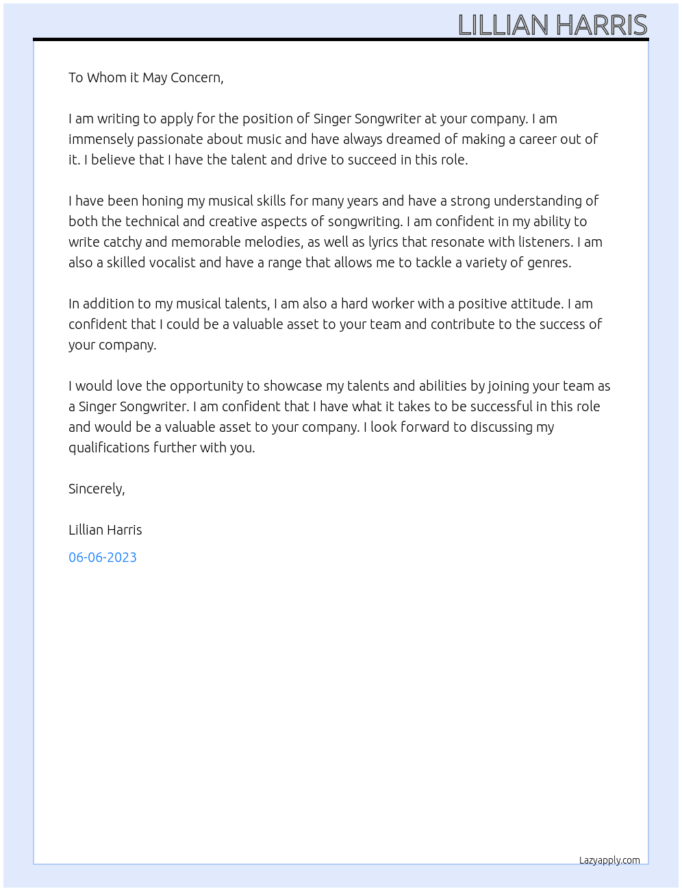 Singer Songwriter At this position Cover Letter