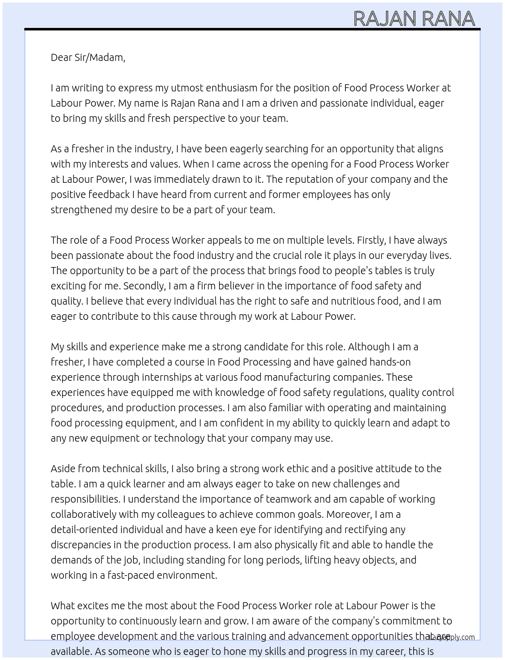 Food process worker  At Labour power  Cover Letter