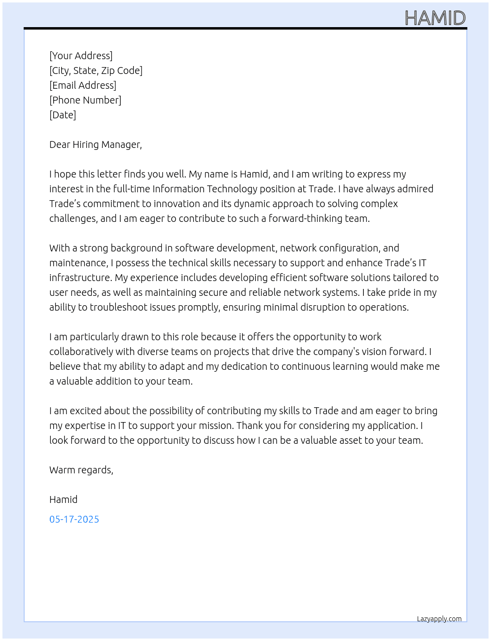 Information Technology  At Trade Cover Letter