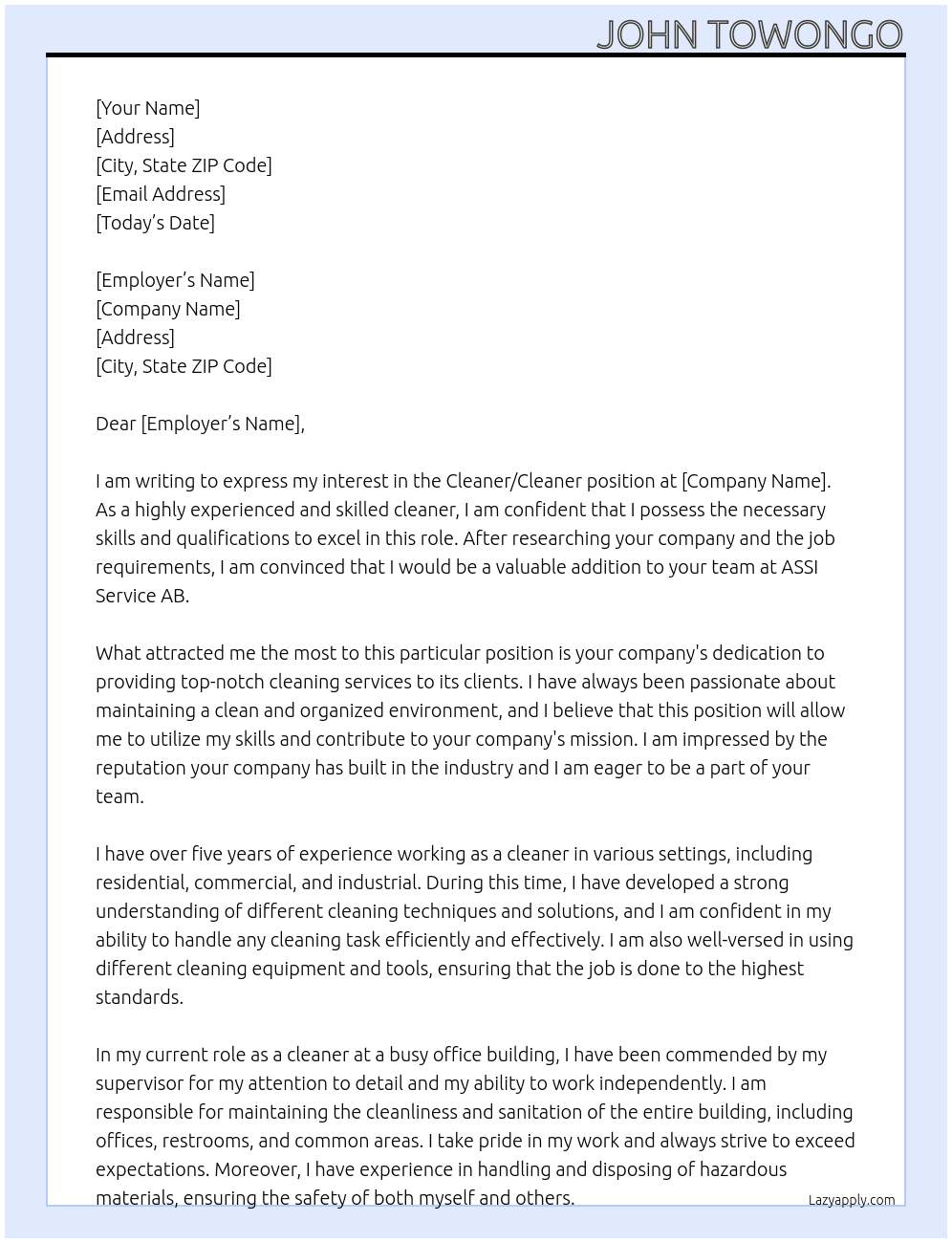 Cleaner/Cleaner At ASSI Service AB Cover Letter