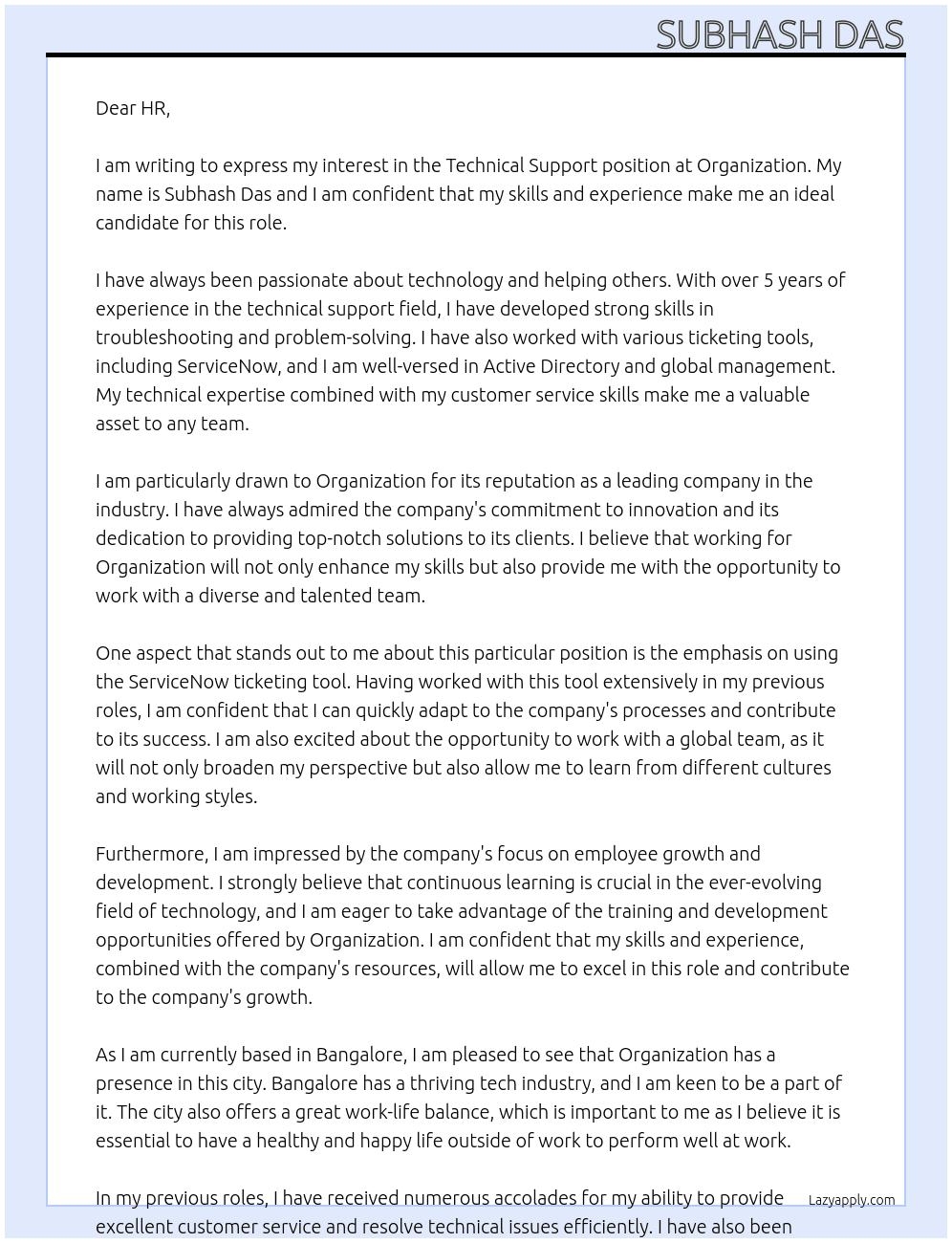 Technical support At Organization Cover Letter
