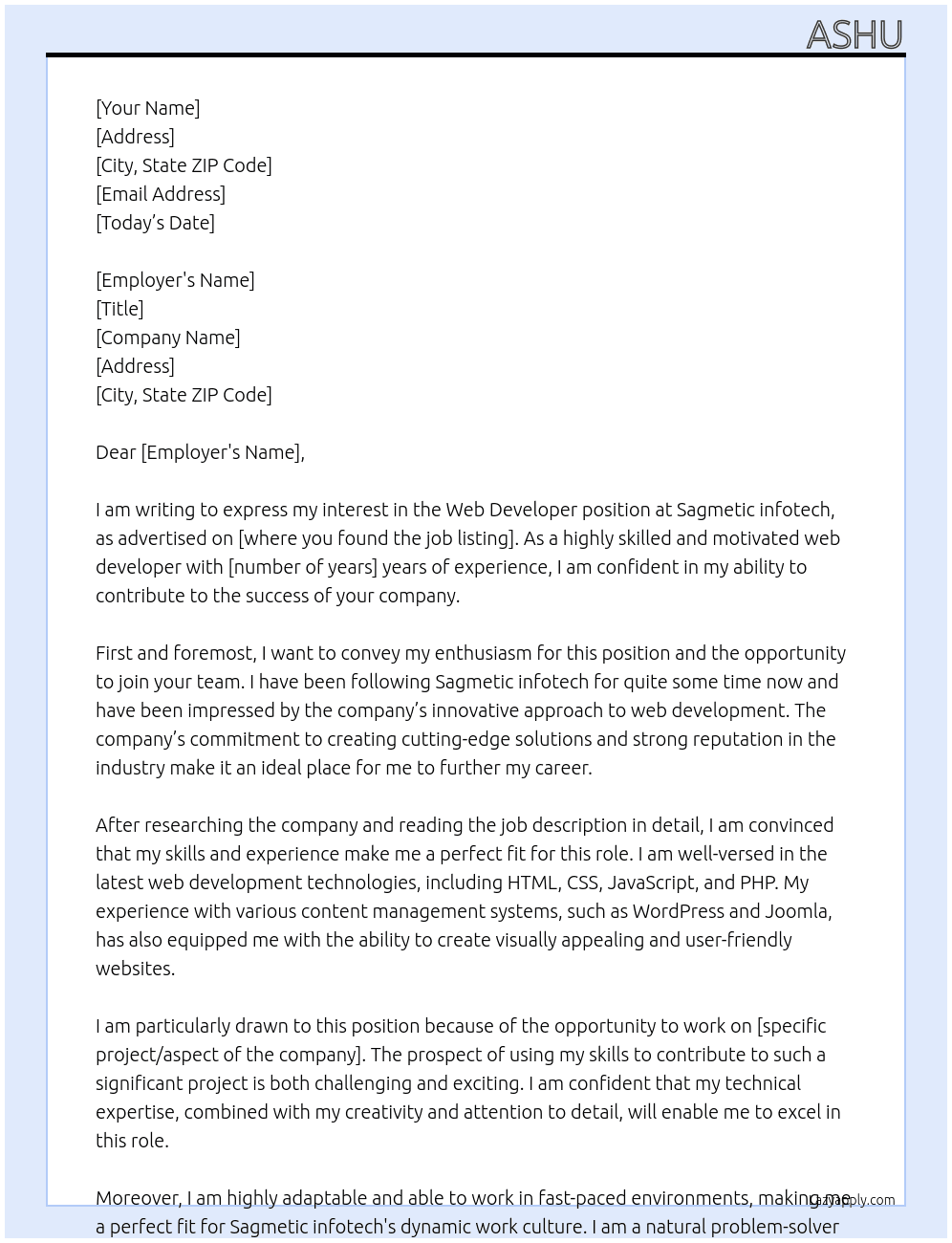 Web developer  At Sagmetic infotch Cover Letter