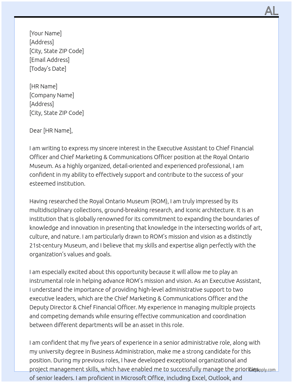 Executive Assistant to CFO & CMCO At Royal Ontario Museum Cover Letter
