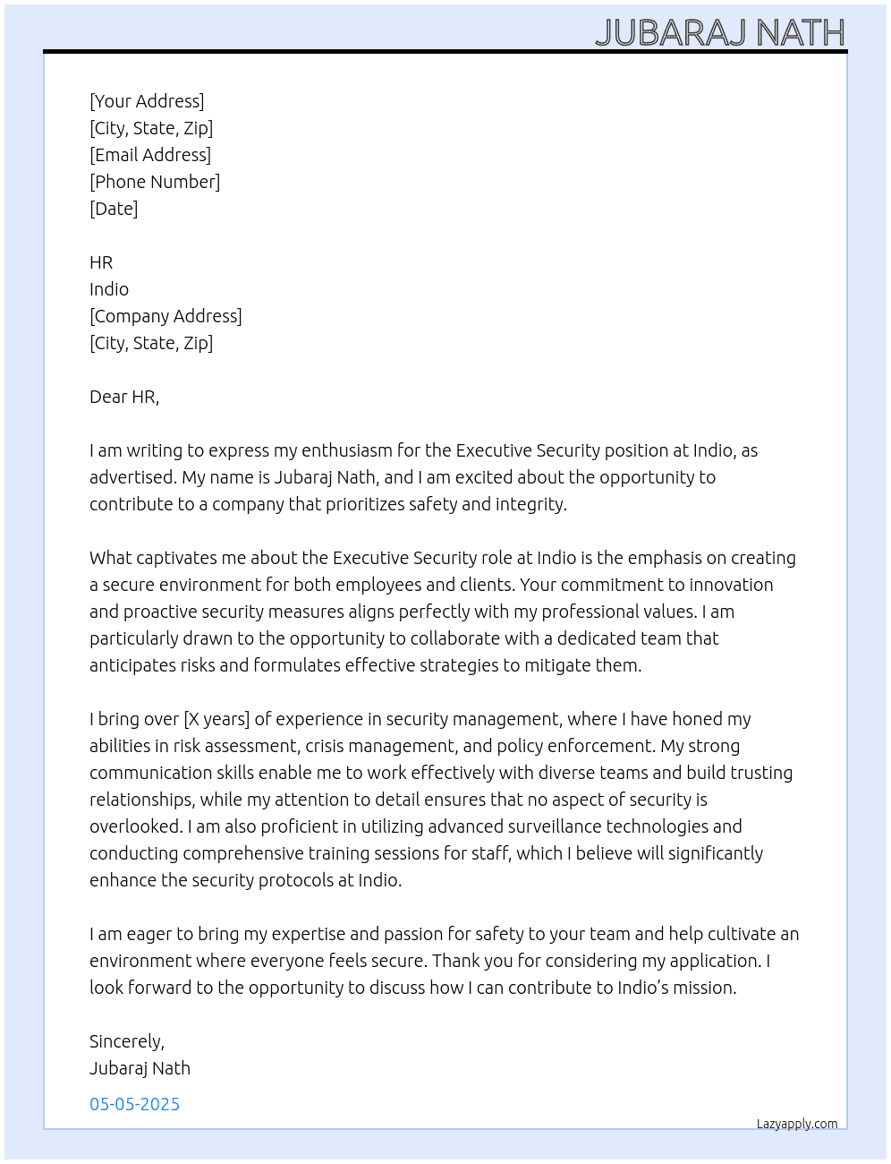 excutive secutiy At indio Cover Letter