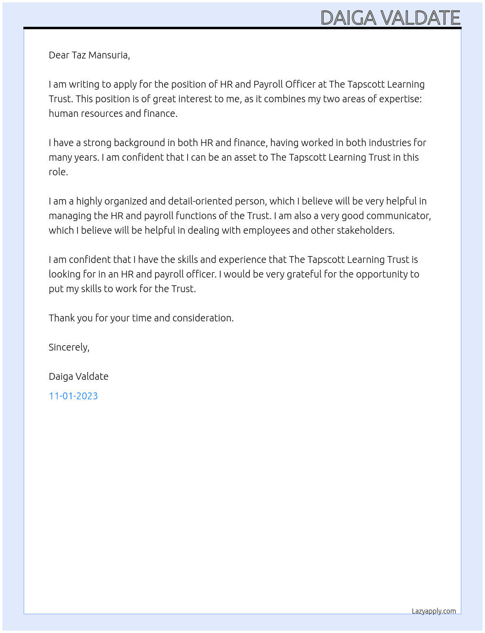 HR and Payroll Officer At The Tapscott Learning Trust Cover Letter