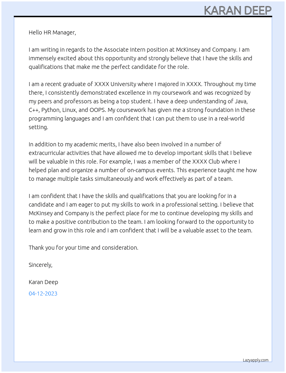 Associate Intern At McKinsey and Company Cover Letter