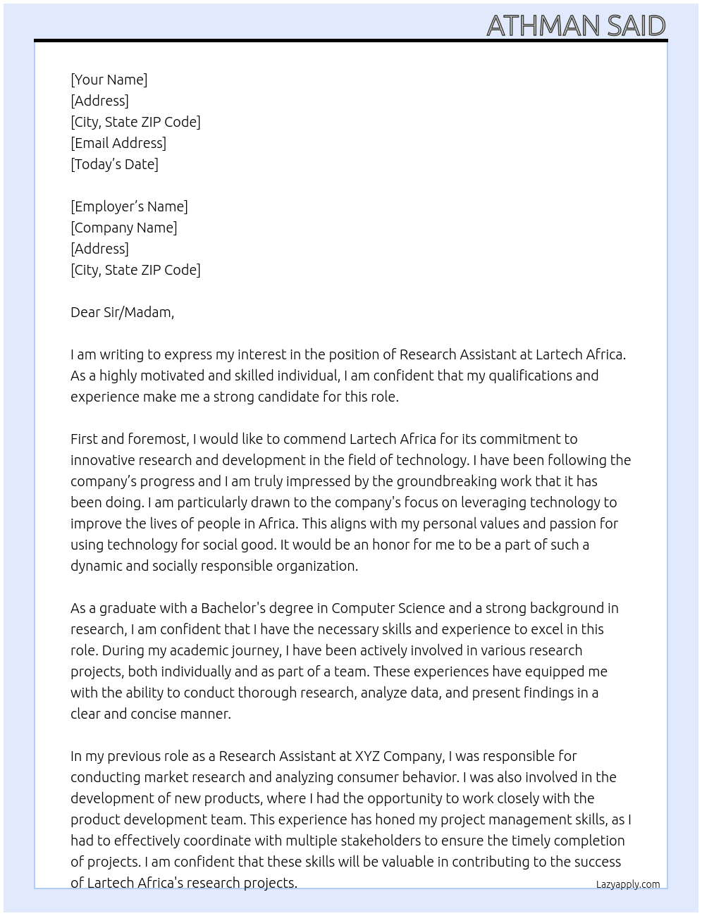 research assistance At lartech africa Cover Letter