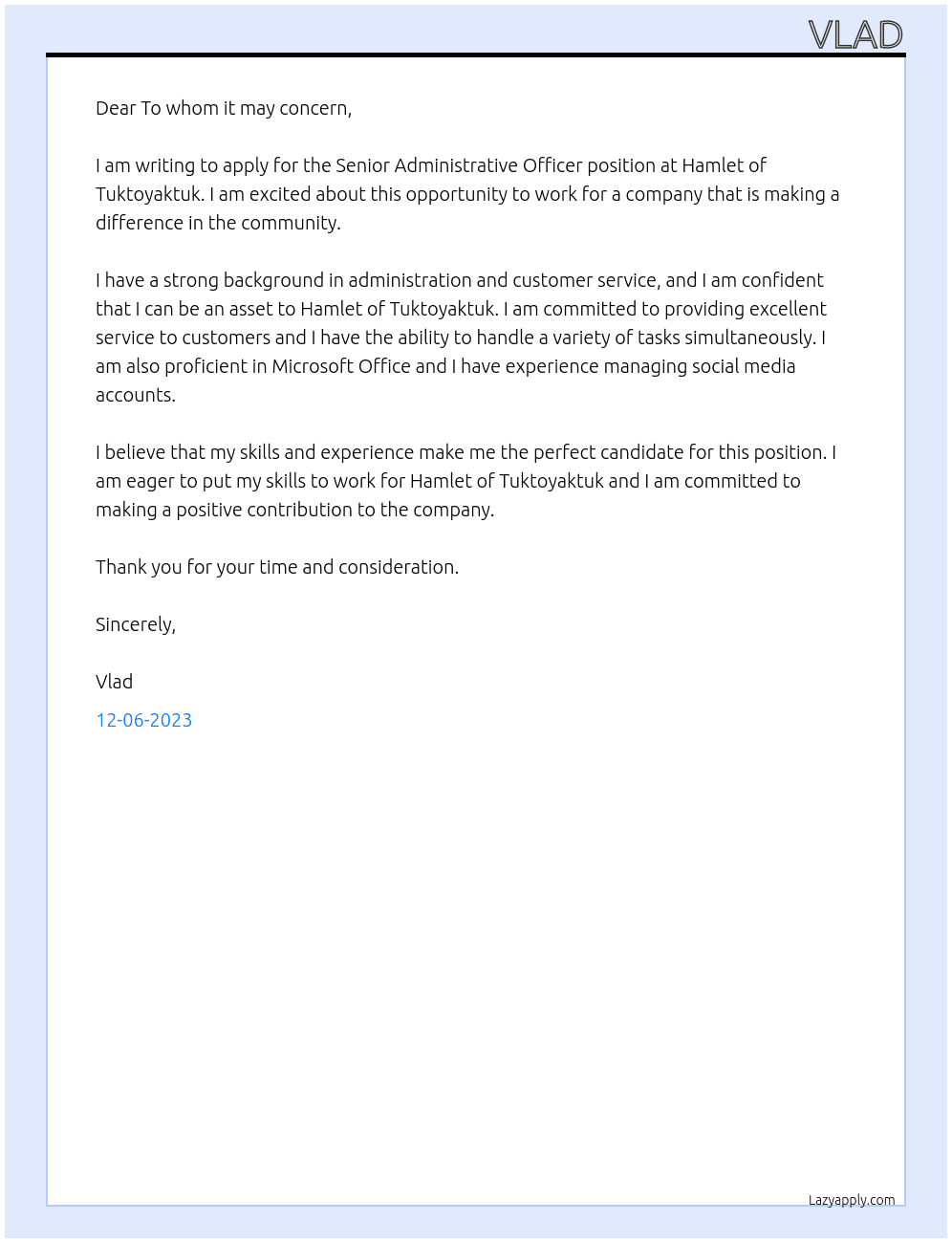 Senior Administrative Officer At Hamlet of Tuktoyaktuk Cover Letter