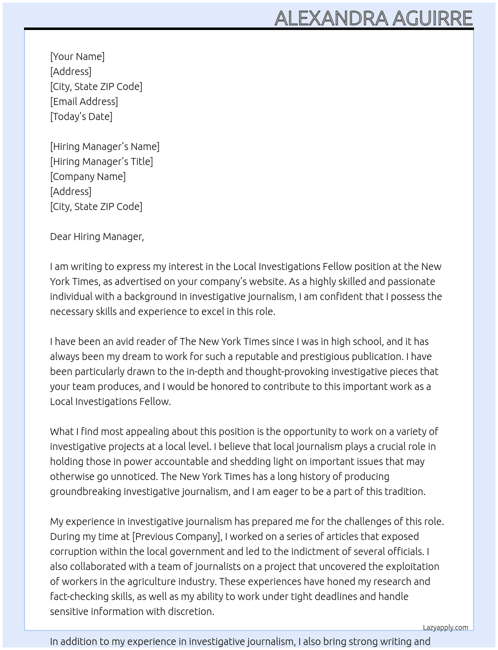 Local Investigations Fellow At New York Times Cover Letter