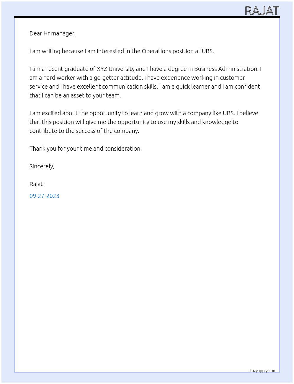 Operations  At UBS Cover Letter