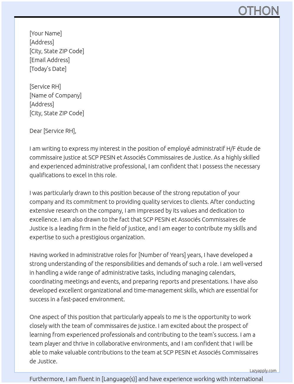 employé administratif H/F étude de commissaire justice At SCP PESIN et Associés Commissaires de Justice Cover Letter
