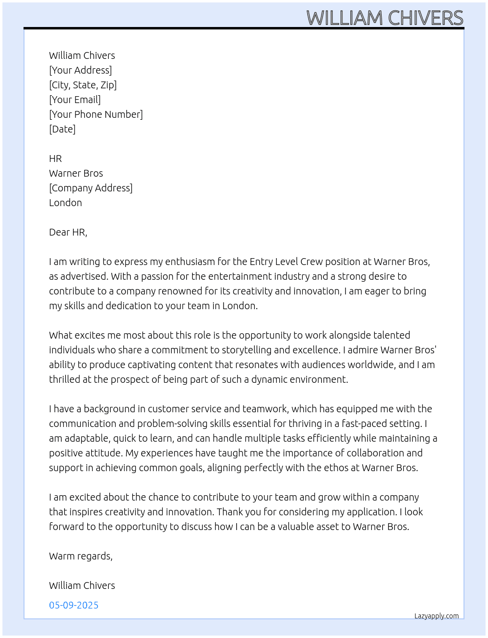 Entry Level Crew At Warner Bros Cover Letter