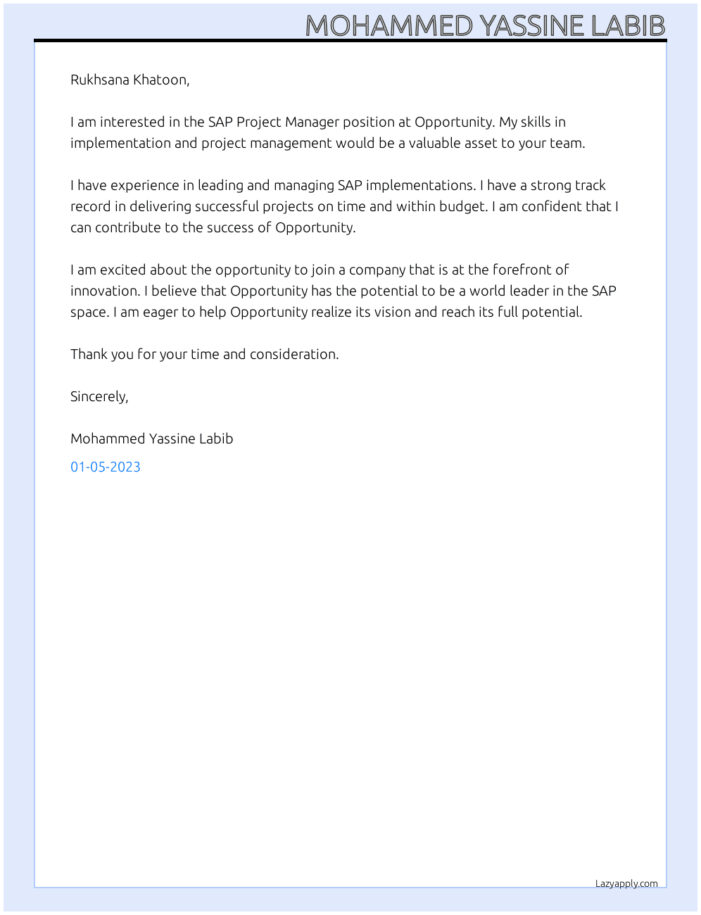 SAP Project Manager At Opportunity Cover Letter