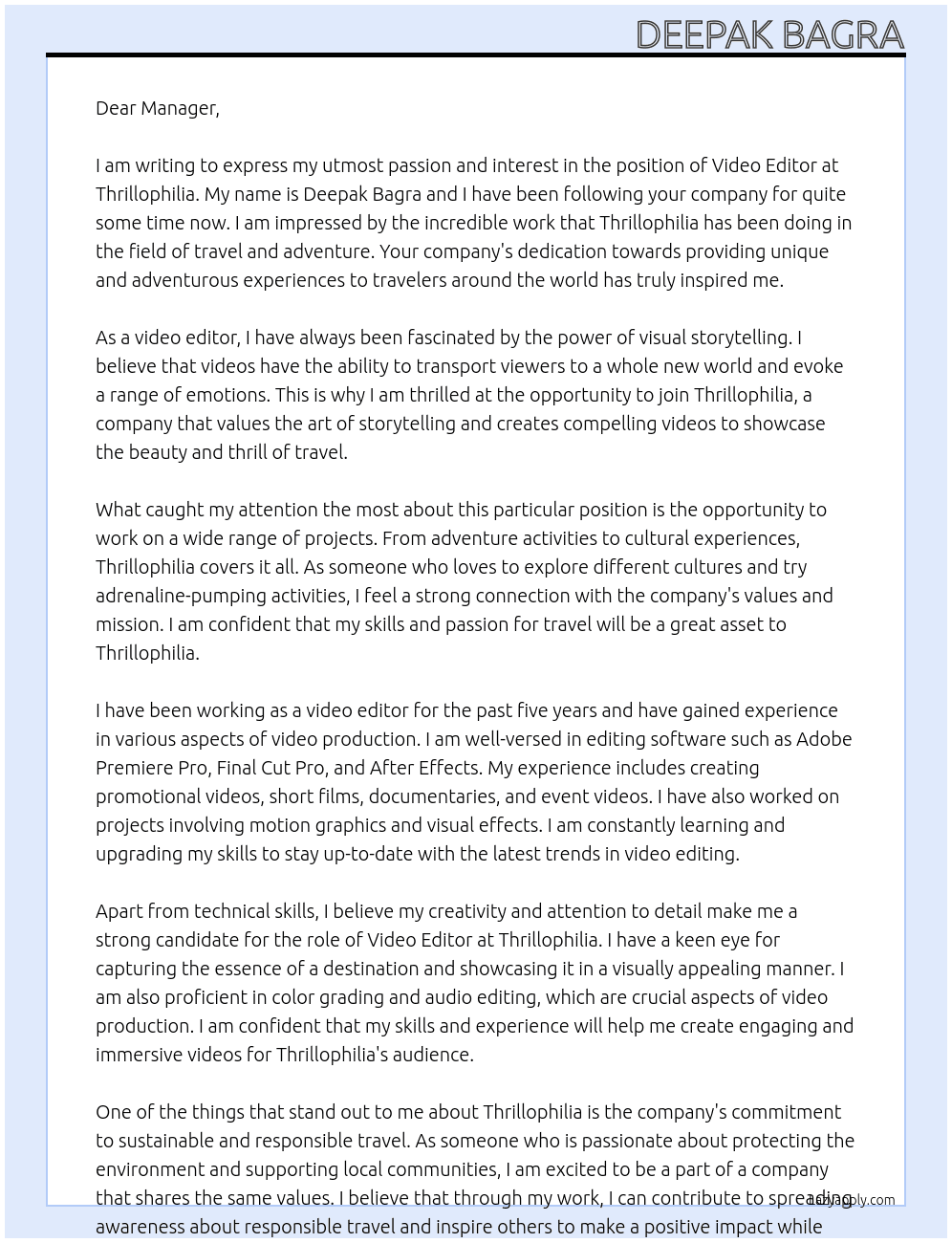 Video editor  At Thrillophilia  Cover Letter