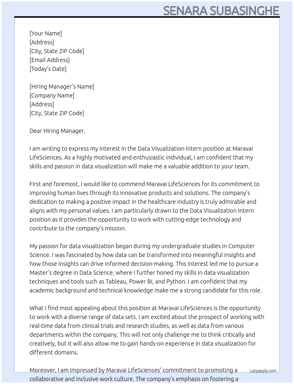 Data Visualization Intern At Maravai LifeSciences Cover Letter