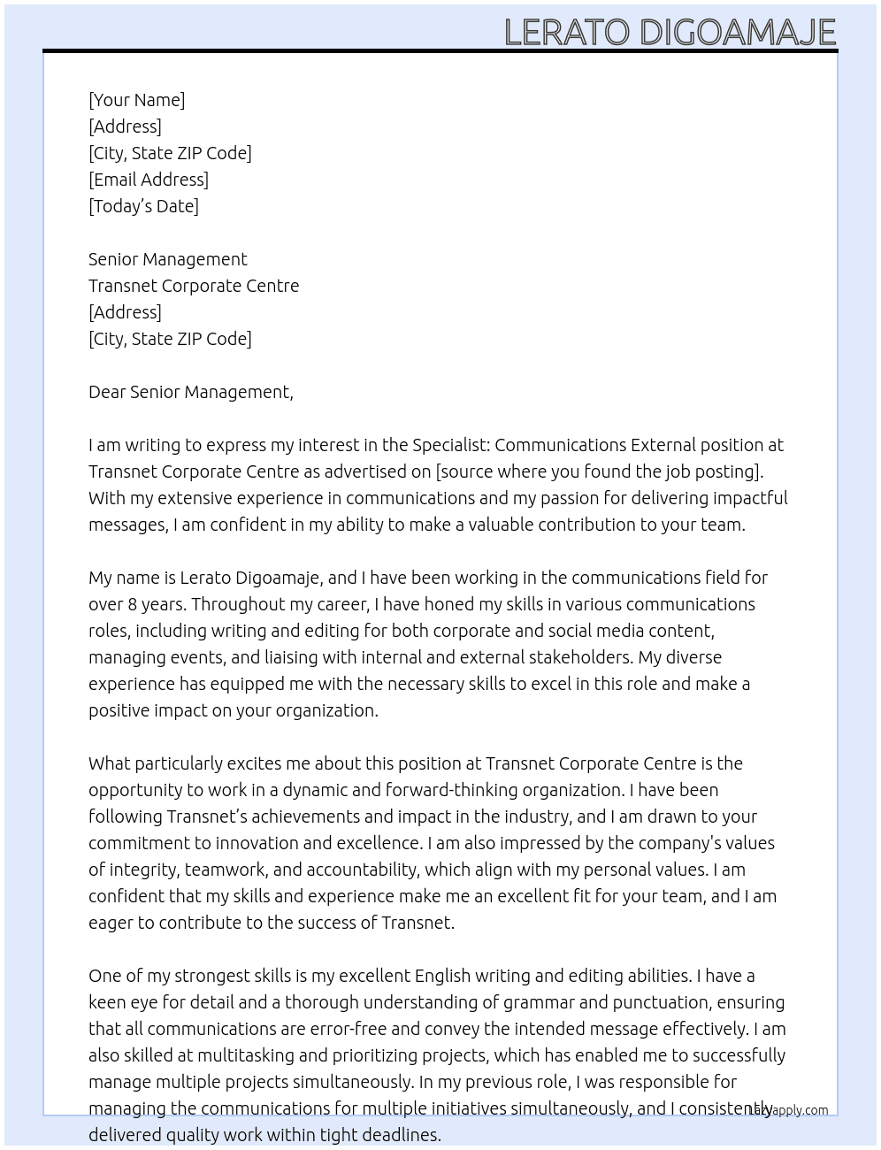 Specialist: Communications External At Transnet Corporate Centre  Cover Letter