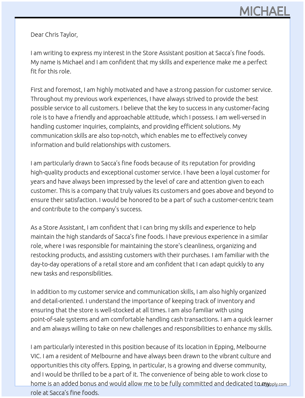 Store assistant  At Sacca’s fine foods  Cover Letter