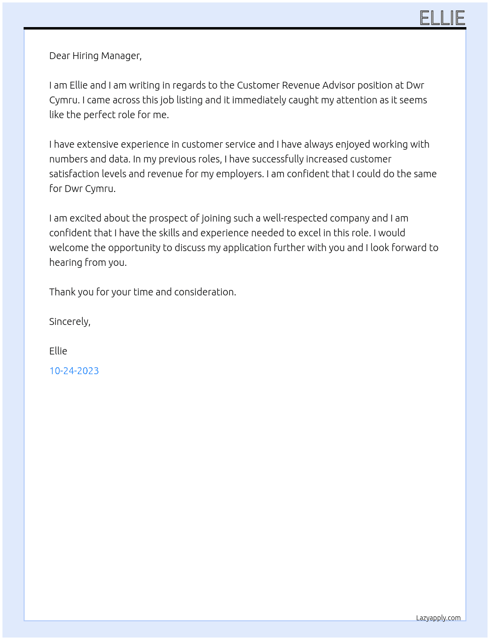 customer revenue advisor At Dwr Cymru Cover Letter