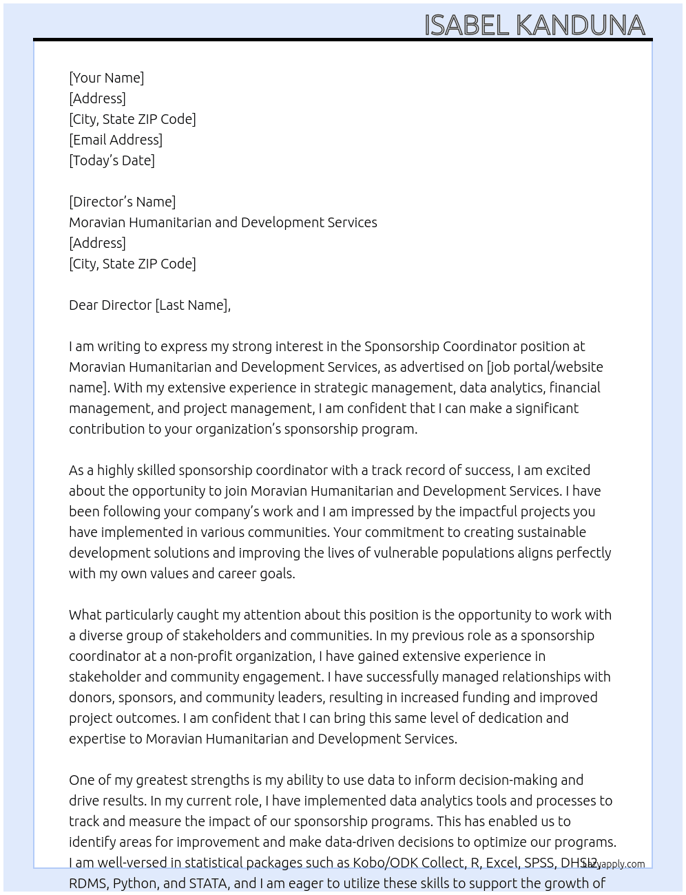 sponsorship coordinator At moravian humanitarian and development services Cover Letter