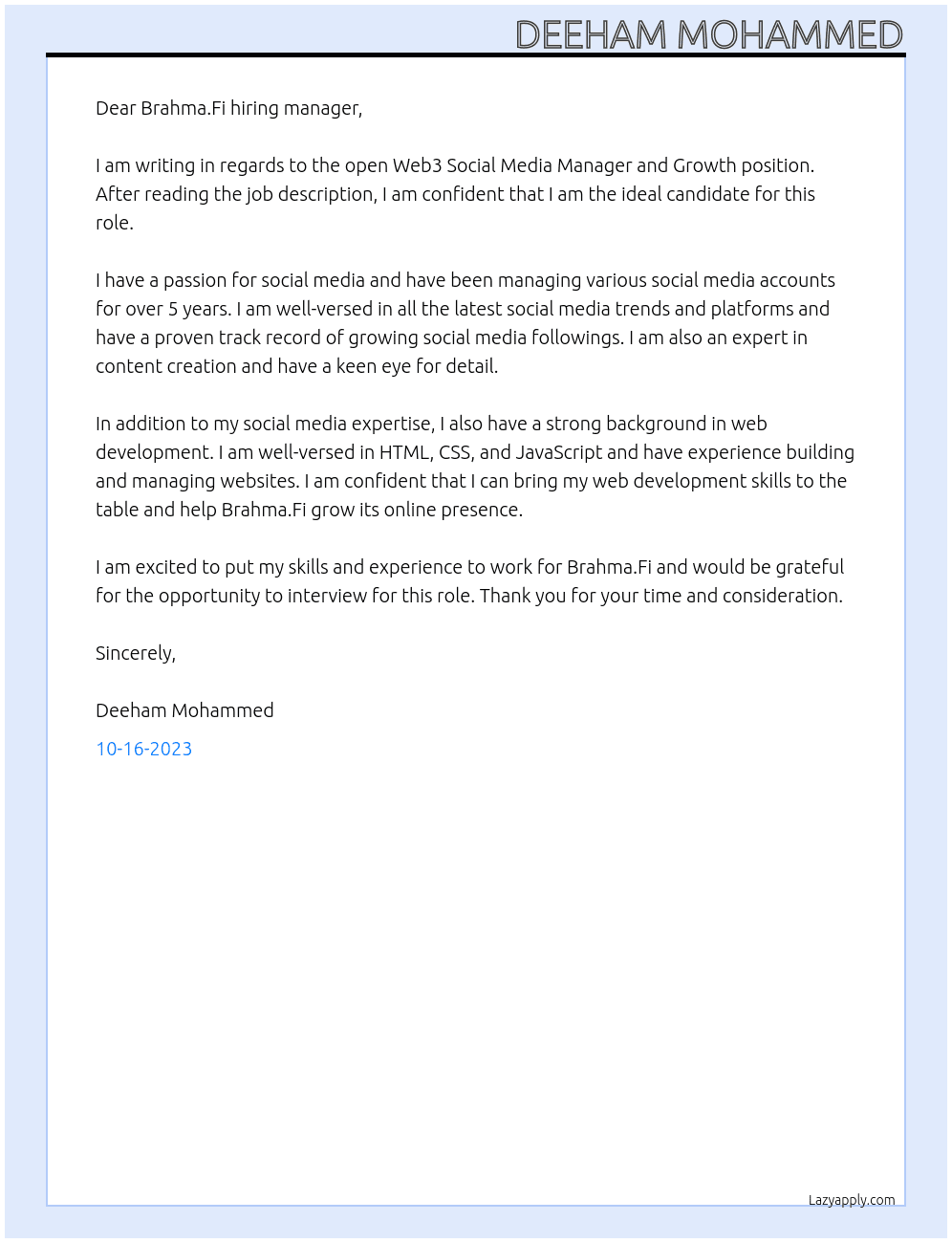 Web3 Social Media Manager and Growth At Brahma.Fi Cover Letter
