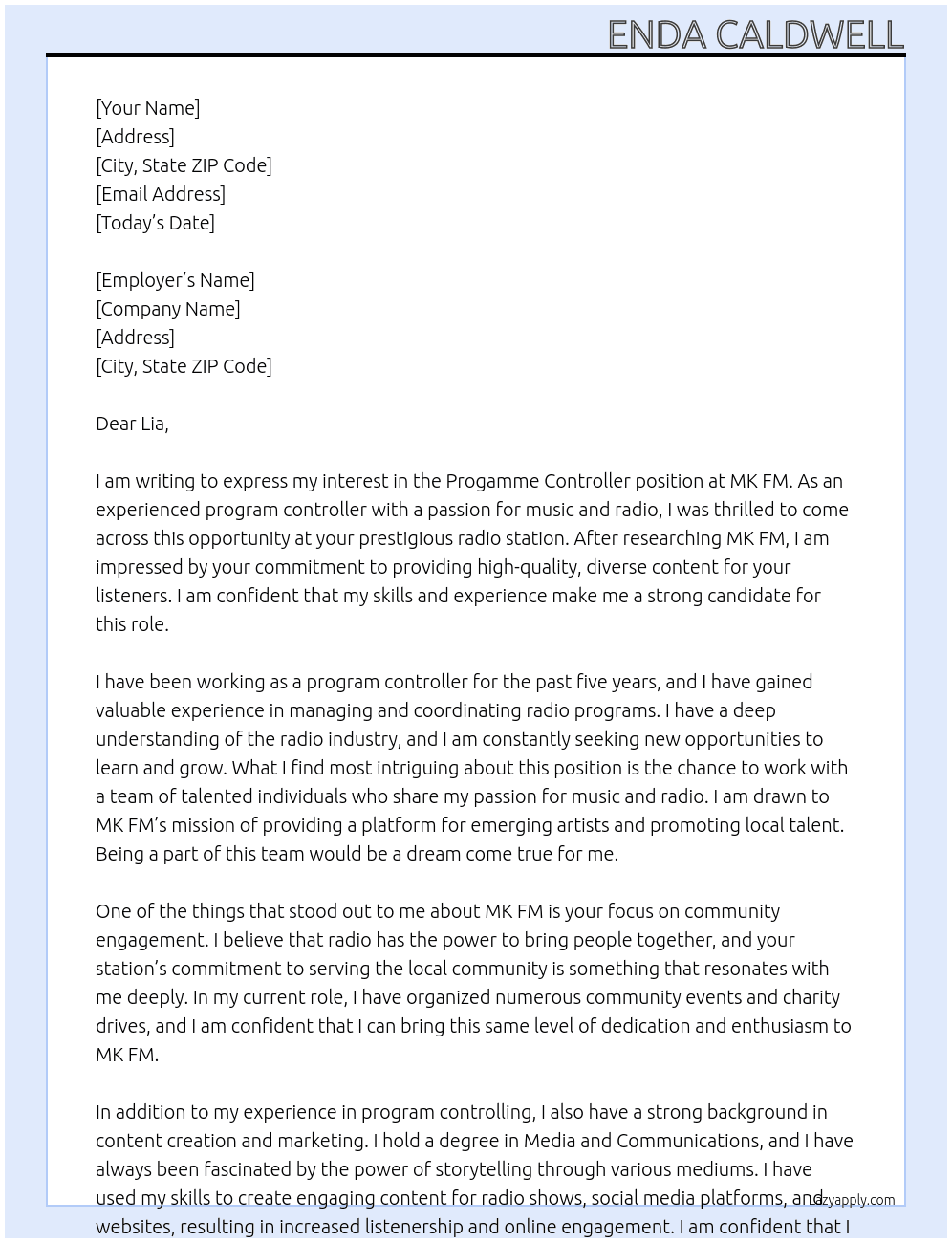 Progamme Controller At MK FM Cover Letter