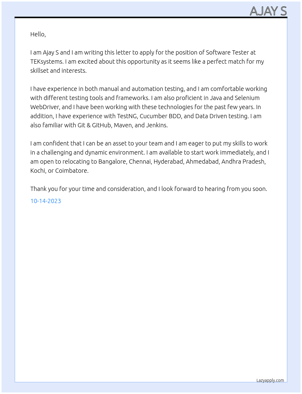 Software Tester At TEKsystems Cover Letter