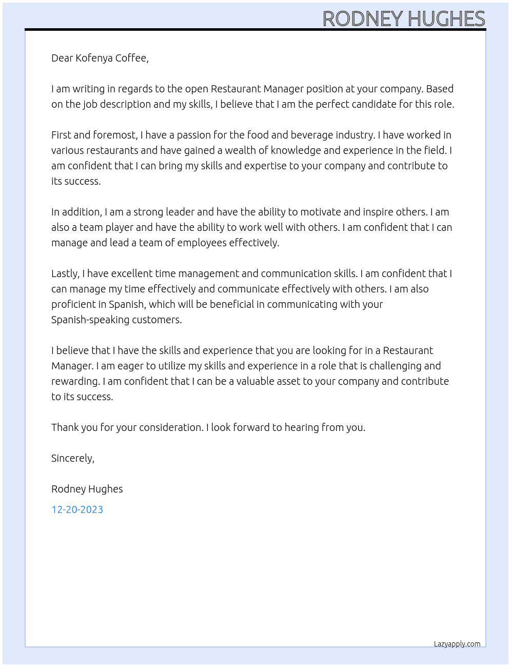 Restaurant Manager At Kofenya Cover Letter